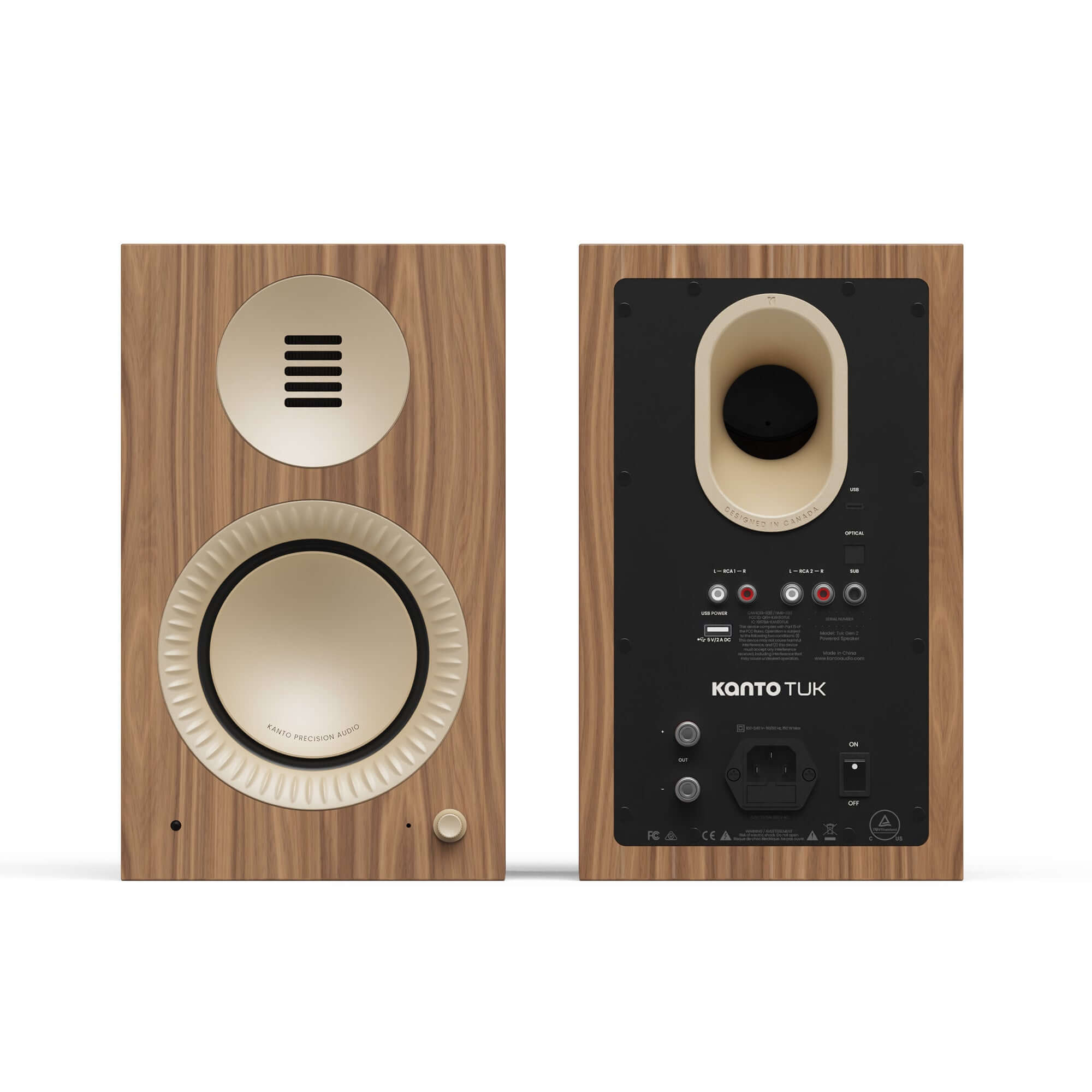 Kanto TUK G2 Powered Bookshelf Speakers with Bluetooth 5.4, Dual RCA and USB-C Inputs (Pair) shown from front and back.
