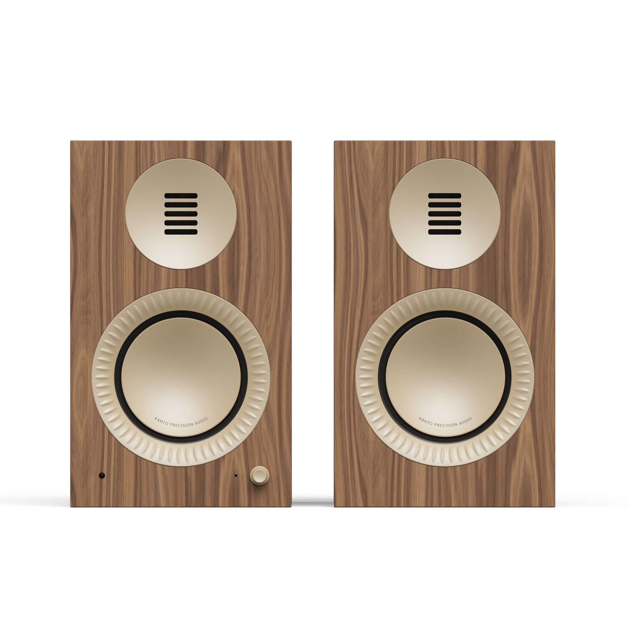 Kanto TUK G2 Powered Bookshelf Speakers with Bluetooth 5.4, Dual RCA and USB-C Inputs (Pair) in walnut finish.