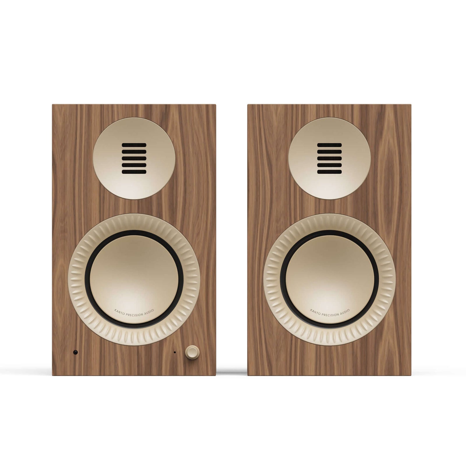 Kanto TUK G2 Powered Bookshelf Speakers with Bluetooth 5.4, Dual RCA and USB-C Inputs (Pair) in walnut finish.