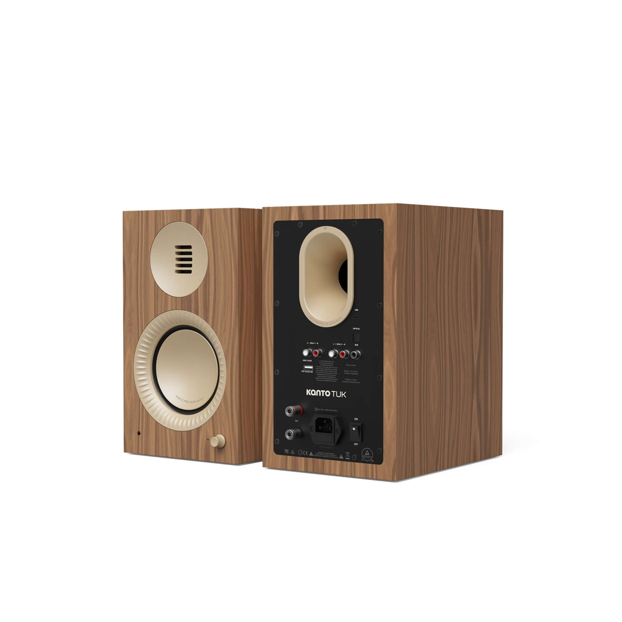 Kanto TUK G2 Powered Bookshelf Speakers with Bluetooth 5.4, Dual RCA and USB-C Inputs (Pair) in wood finish