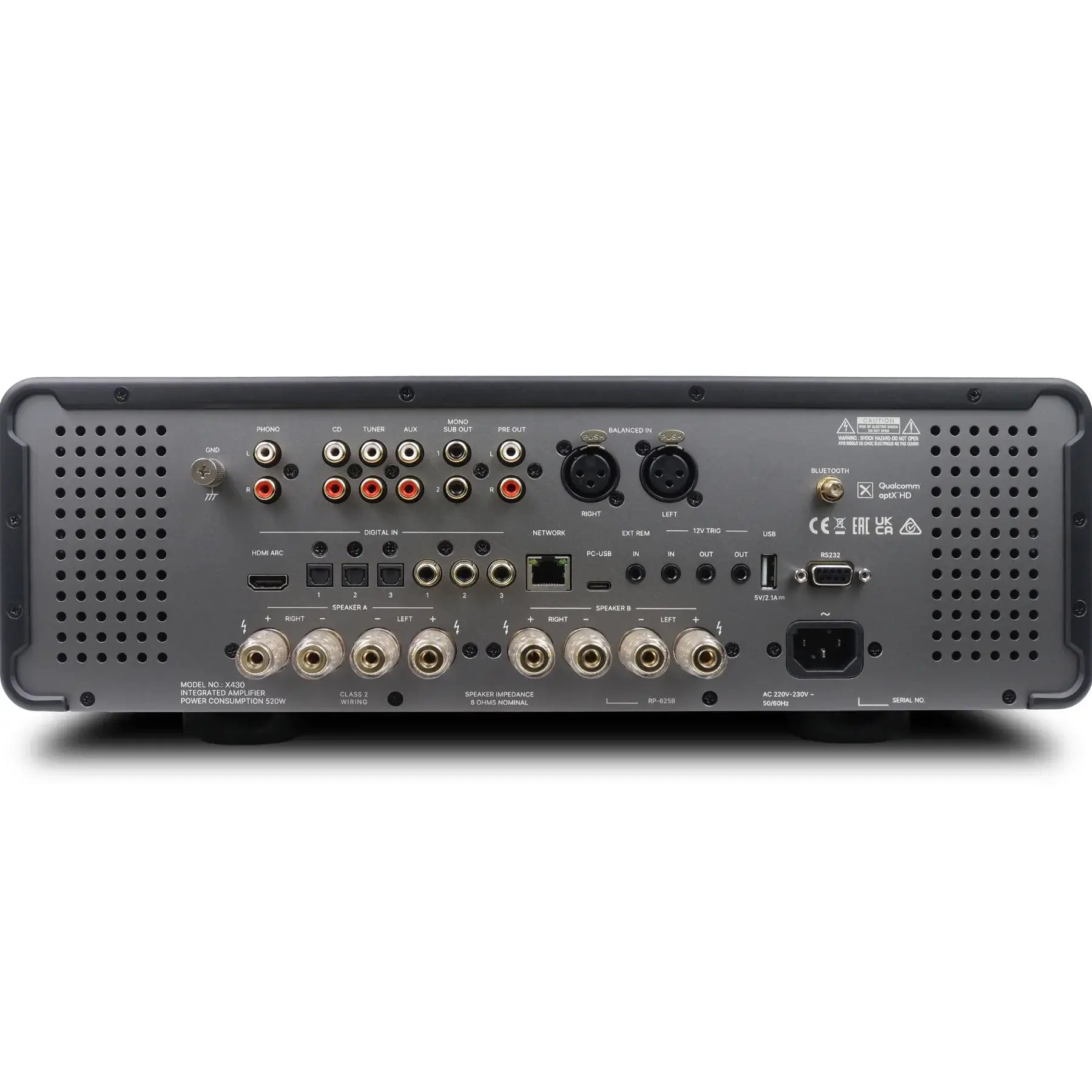 Rotel Michi Prestige X430 Integrated Amplifier rear panel connections and inputs overview.