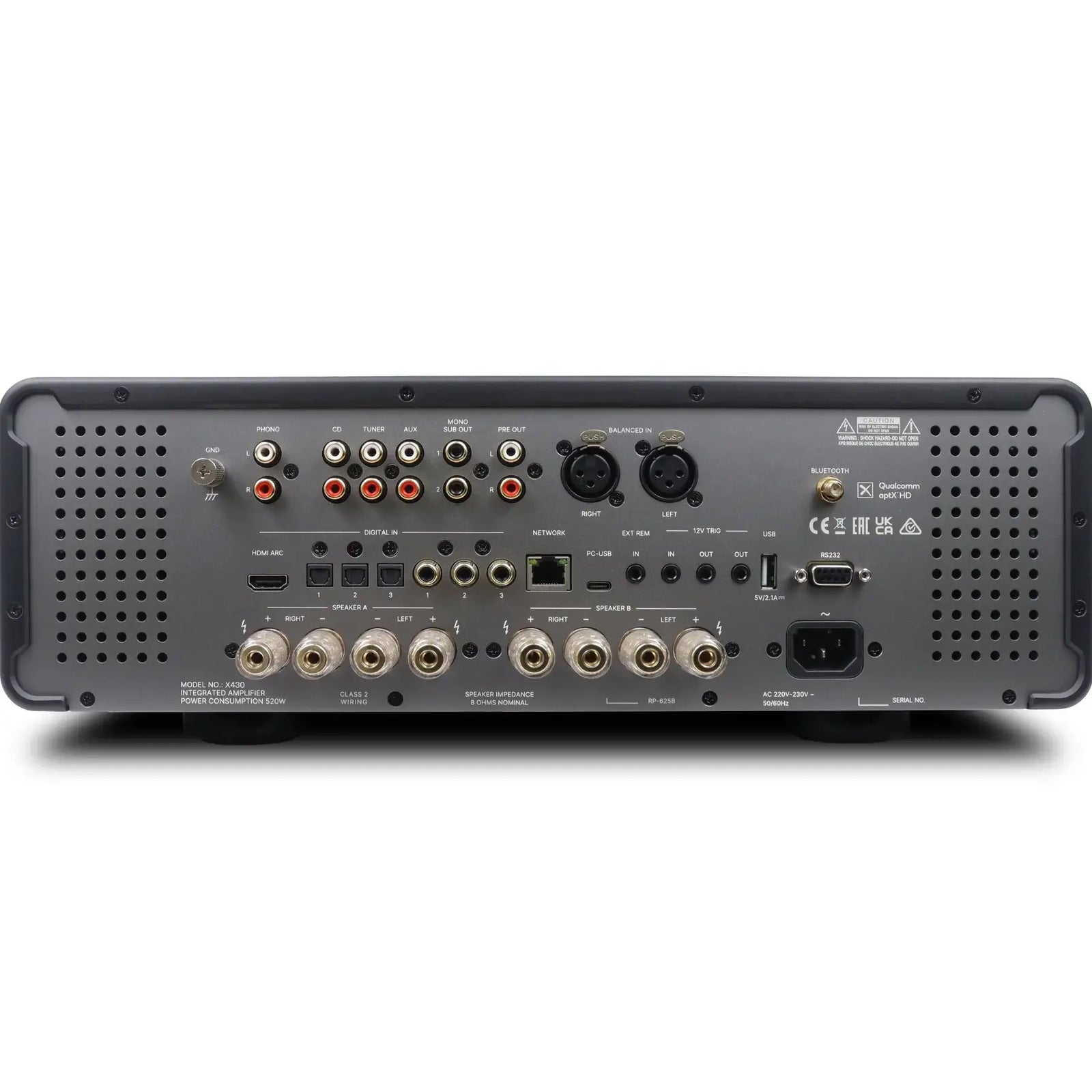 Rotel Michi Prestige X430 Integrated Amplifier rear panel connections and inputs overview.