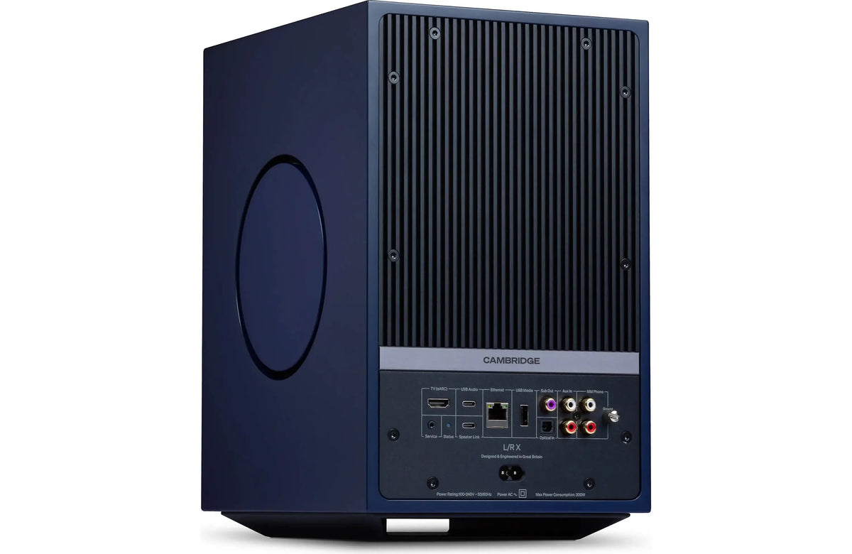 Cambridge Audio L/R X Powered Bookshelf Speakers with Built-in DAC, Wi-Fi, and Bluetooth (Pair) rear view showing connections.