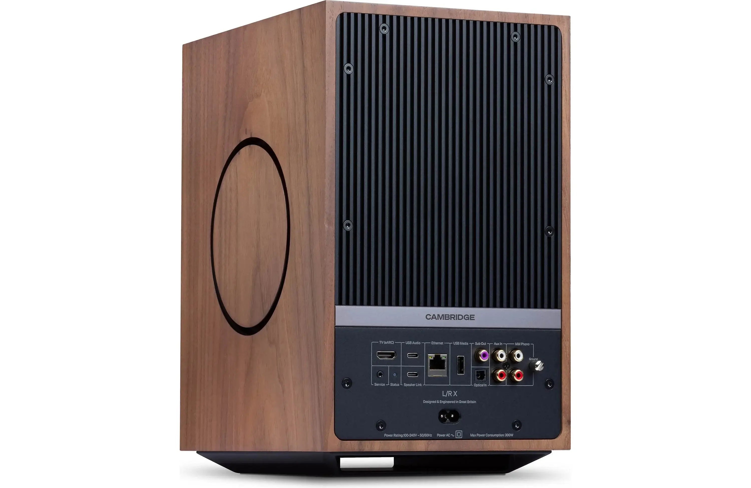 Cambridge Audio L/R X Powered Bookshelf Speakers with Built-in DAC, Wi-Fi, and Bluetooth (Pair) back view showing ports.
