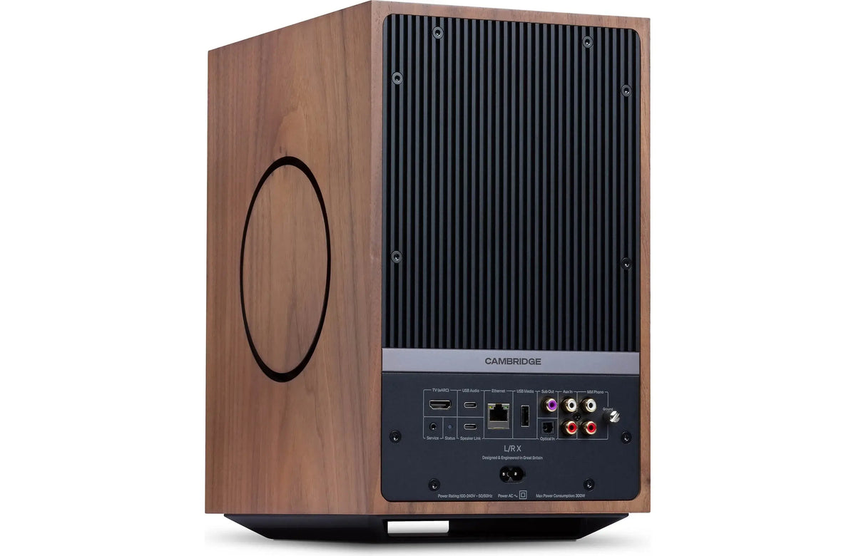 Cambridge Audio L/R X Powered Bookshelf Speakers with Built-in DAC, Wi-Fi, and Bluetooth (Pair) back view showing ports.