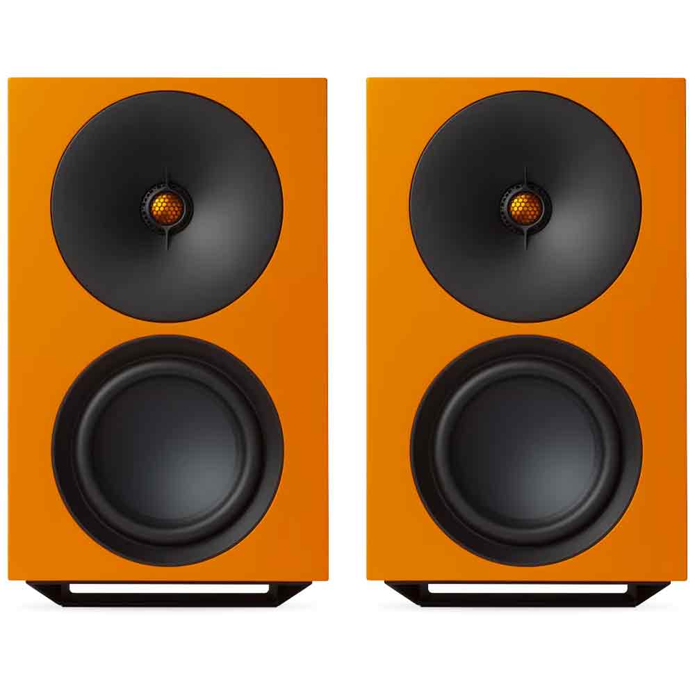Cambridge Audio L/R X Powered Bookshelf Speakers with Built-in DAC, Wi-Fi, and Bluetooth (Pair) in orange color.