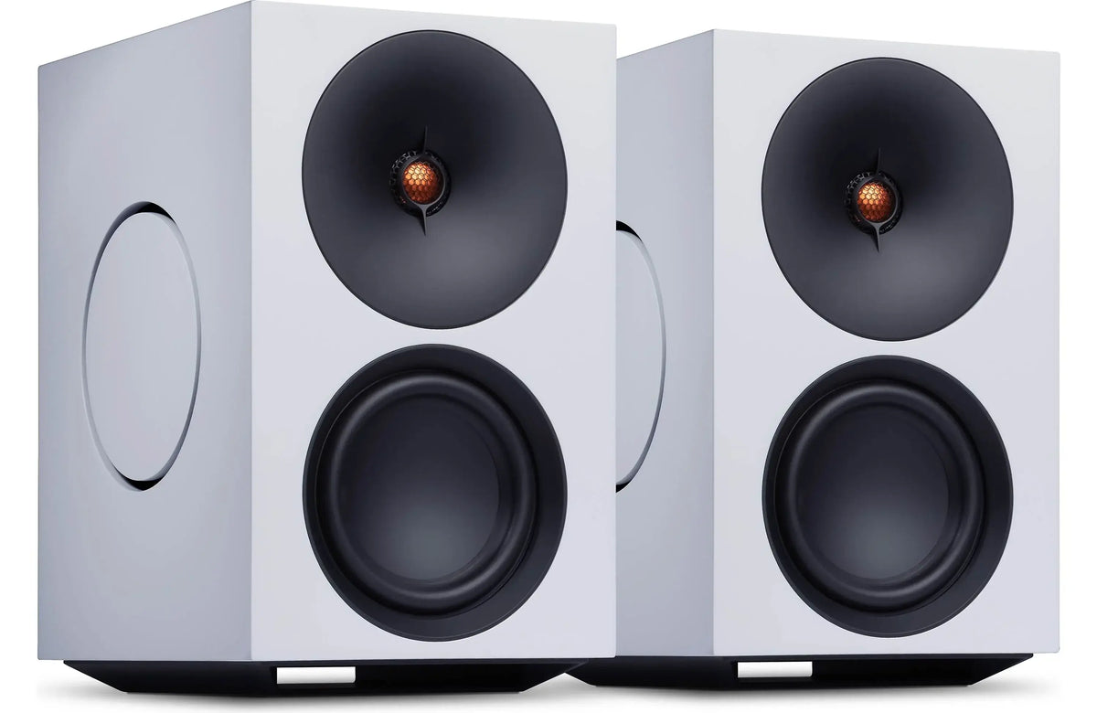 Cambridge Audio L/R X Powered Bookshelf Speakers with Built-in DAC, Wi-Fi, and Bluetooth (Pair) in white color.