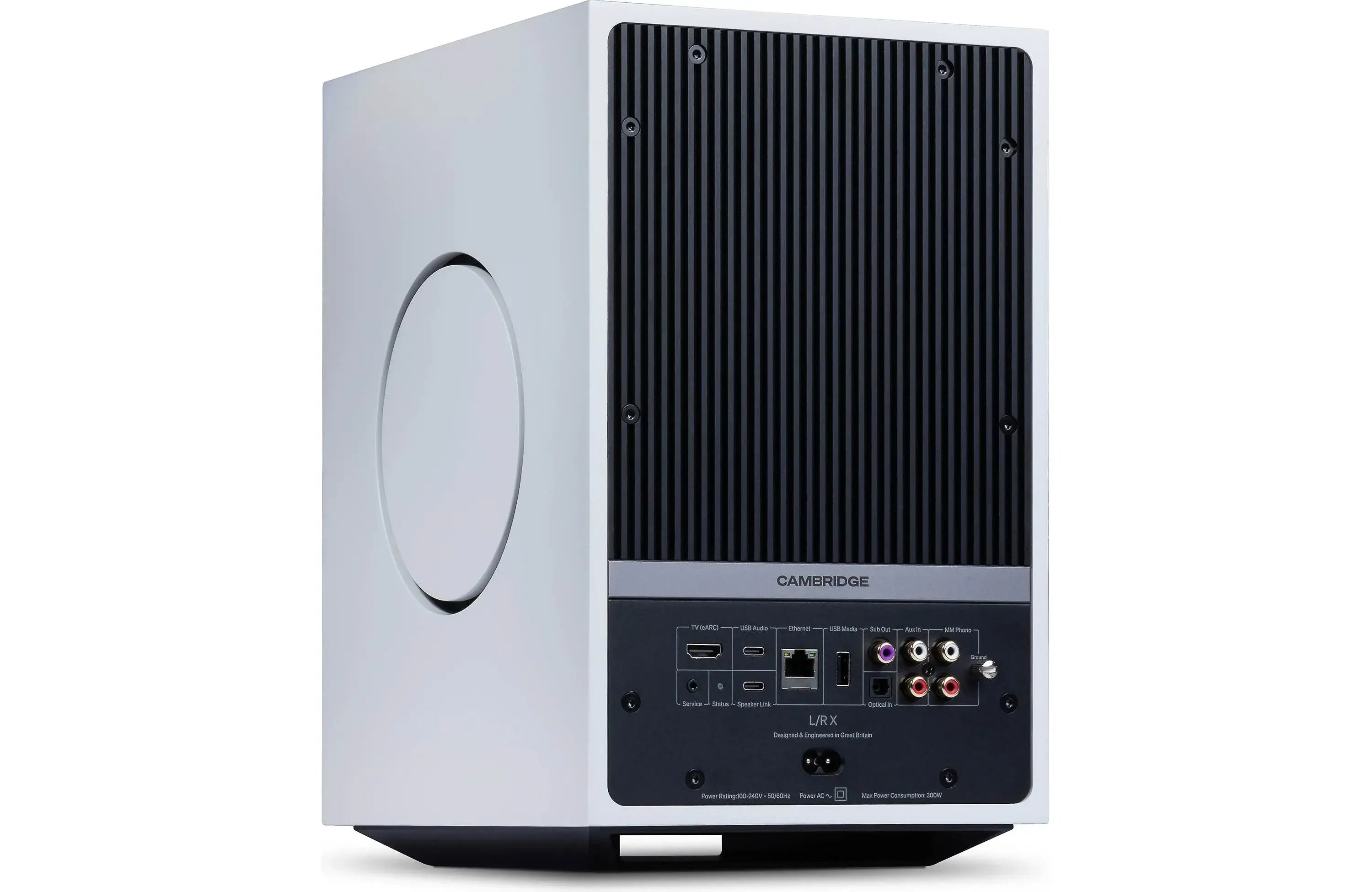 Cambridge Audio L/R X Powered Bookshelf Speakers with Built-in DAC, Wi-Fi, and Bluetooth (Pair) rear view showing connectivity options.