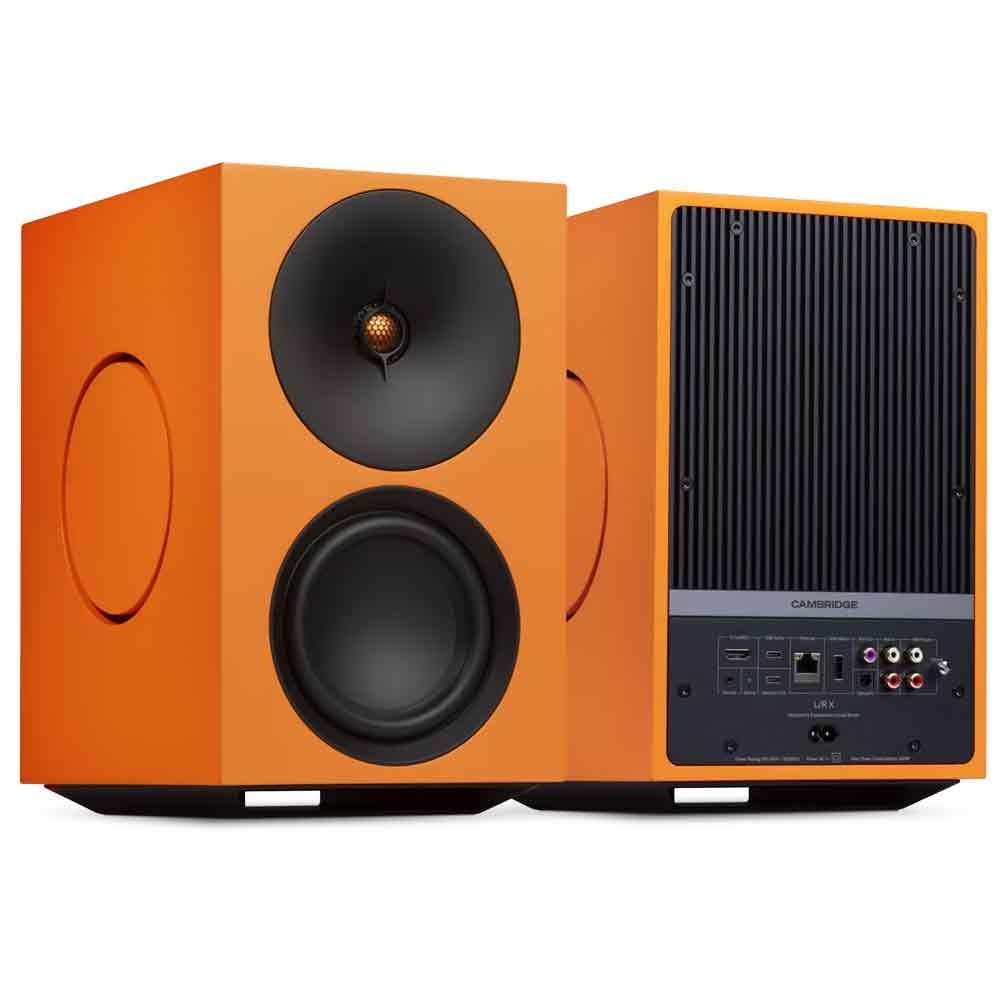Cambridge Audio L/R X Powered Bookshelf Speakers with Built-in DAC, Wi-Fi, and Bluetooth (Pair) in vibrant orange color.