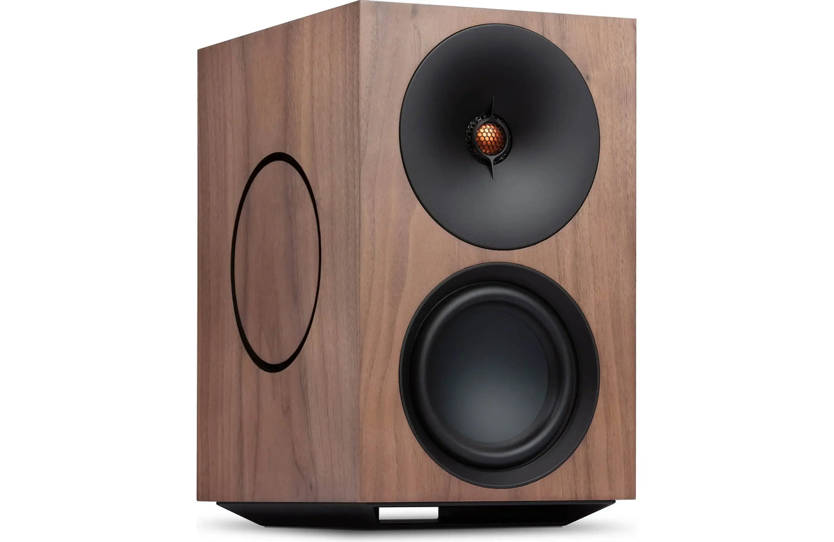Cambridge Audio L/R X Powered Bookshelf Speakers with Built-in DAC, Wi-Fi, and Bluetooth (Pair) in walnut finish.