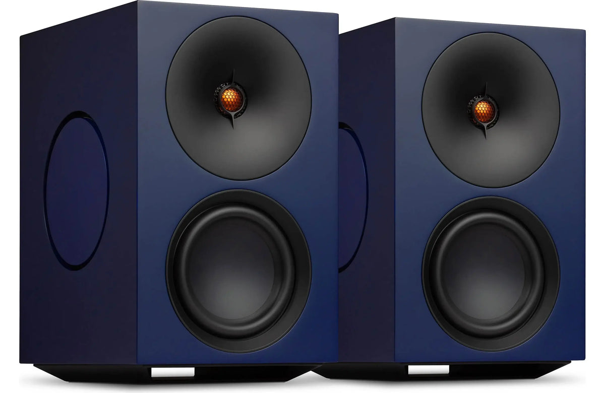 Cambridge Audio L/R X Powered Bookshelf Speakers with Built-in DAC, Wi-Fi, and Bluetooth (Pair) in blue color.