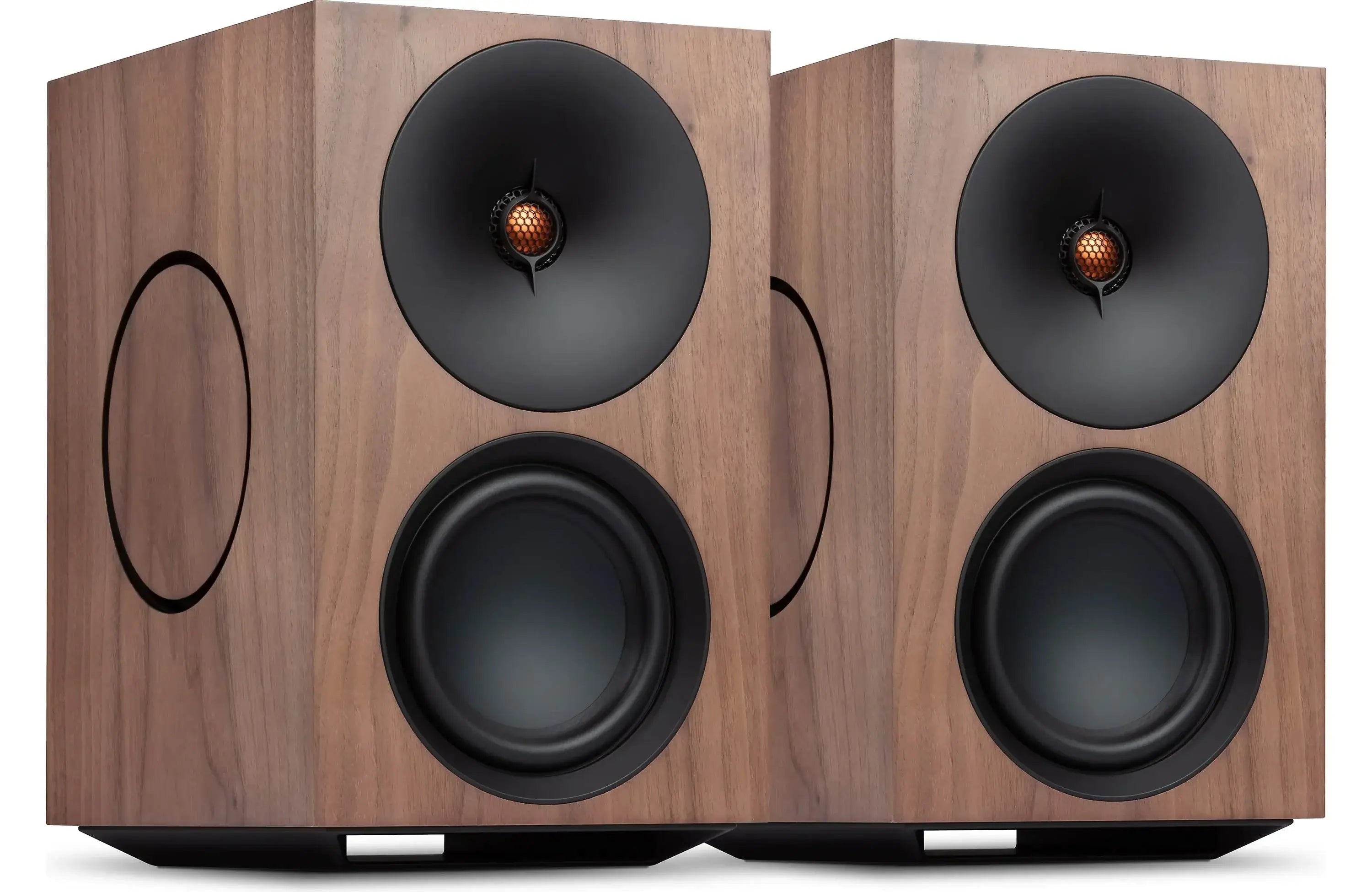 Cambridge Audio L/R X Powered Bookshelf Speakers with Built-in DAC, Wi-Fi, and Bluetooth (Pair) in walnut finish.