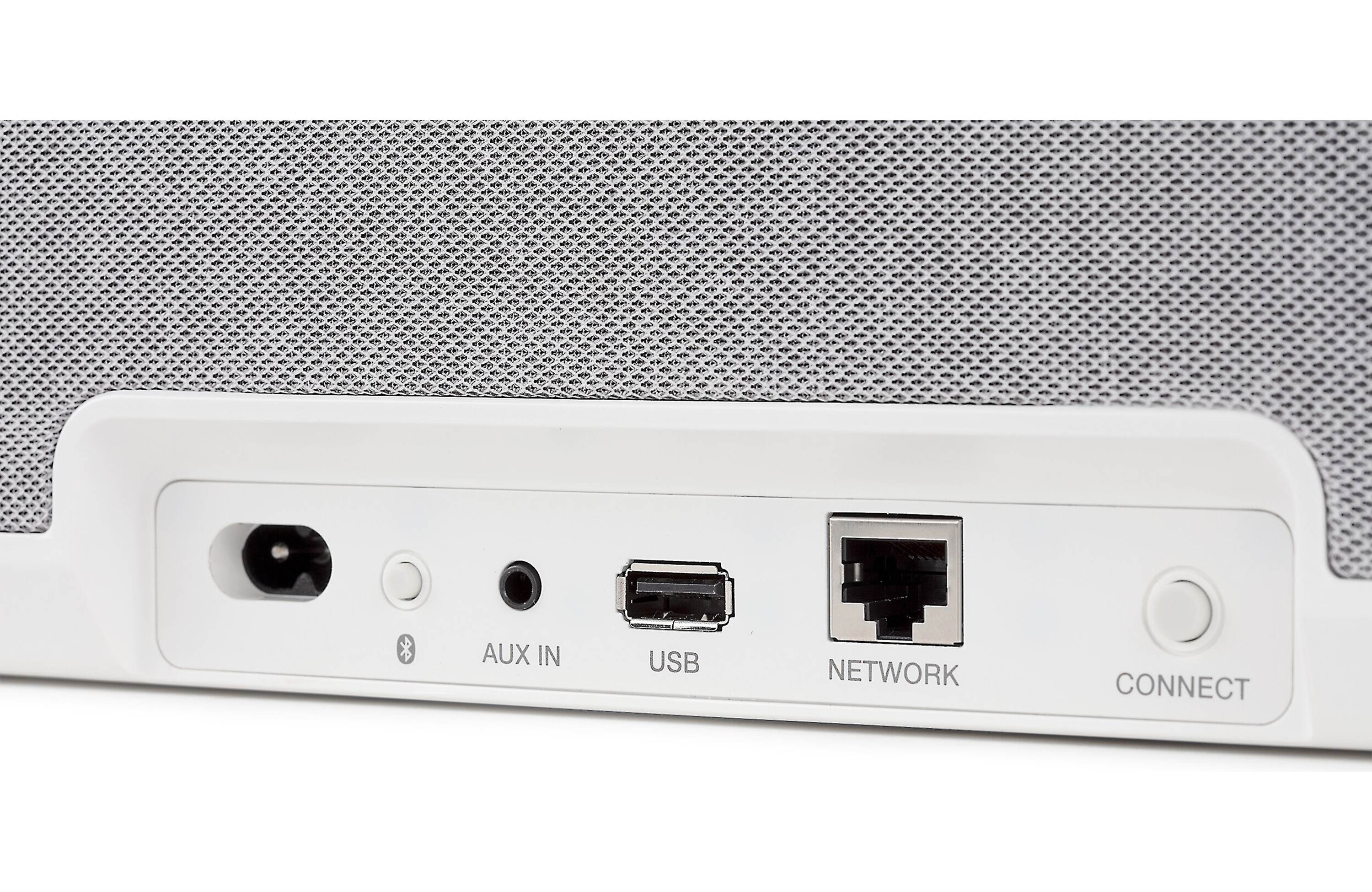 Back view of Denon Home 250 Wireless Speaker (Each) showing ports for AUX, USB, network, and connect.