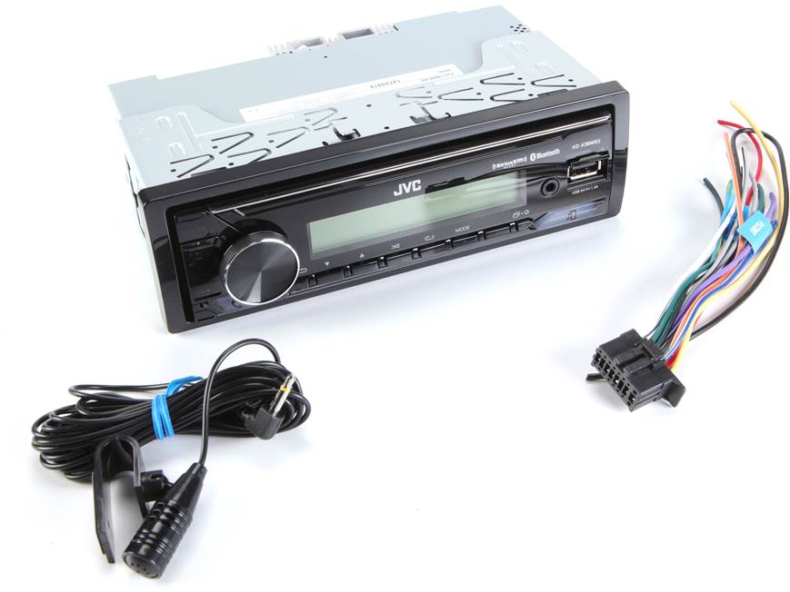 JVC KD-X38MBS Marine and Powersports Digital Media Receiver with wiring harness and accessories.