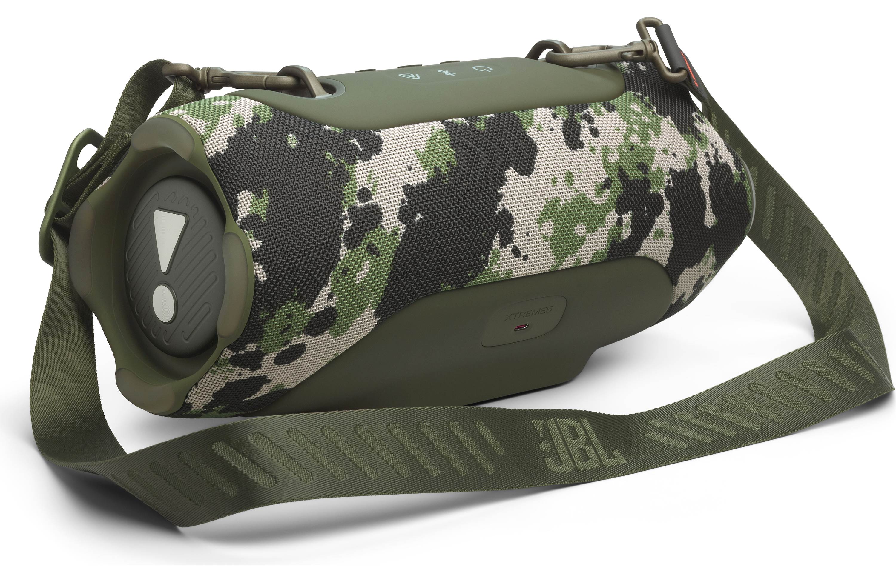 JBL Xtreme 5 Portable Waterproof Bluetooth Speaker (Each) in green camouflage design with strap.