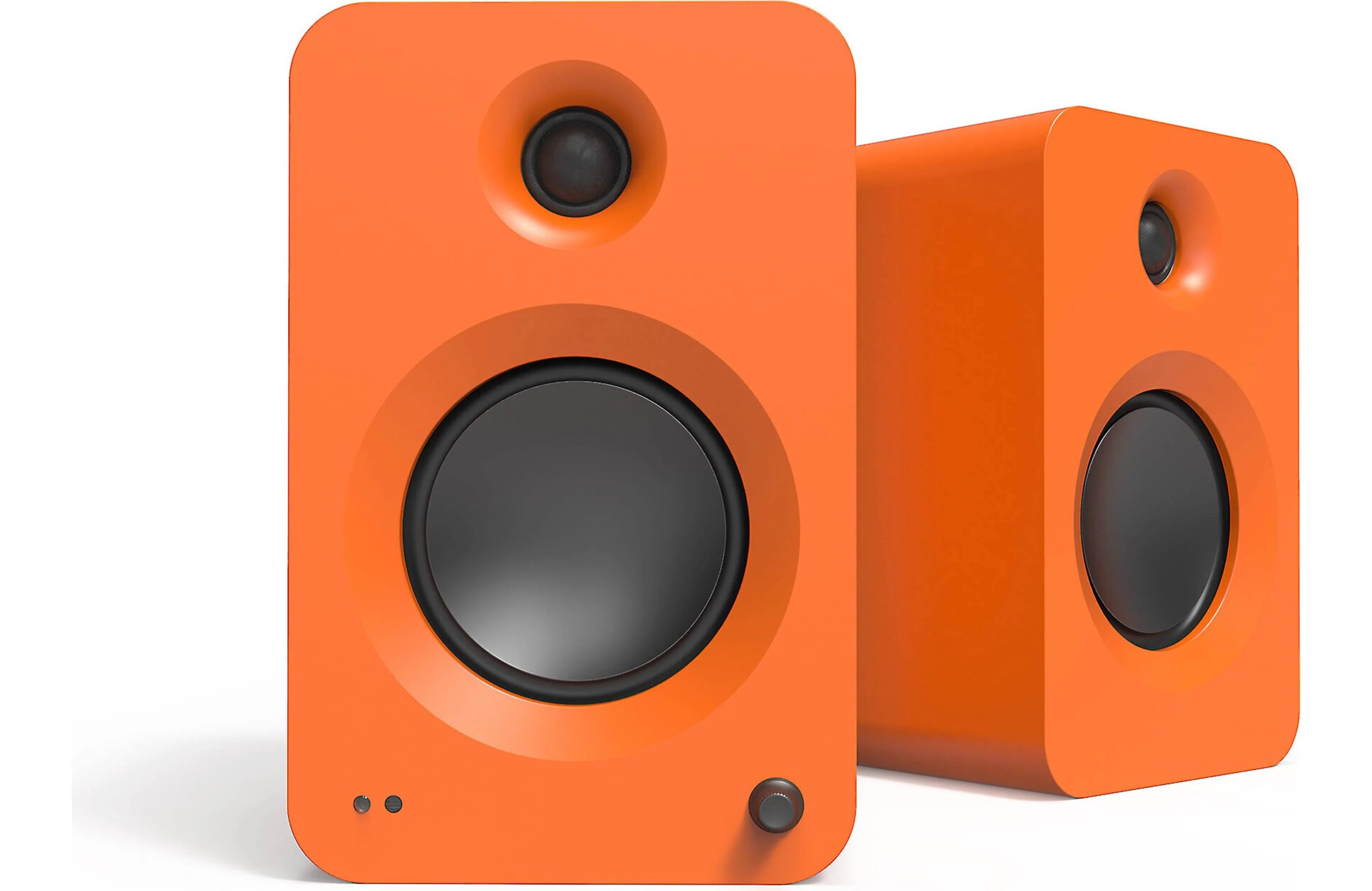 Kanto REN Powered Bookshelf Speakers with HDMI ARC, USB-C, and Bluetooth 5.3 (Pair) in vibrant orange color.