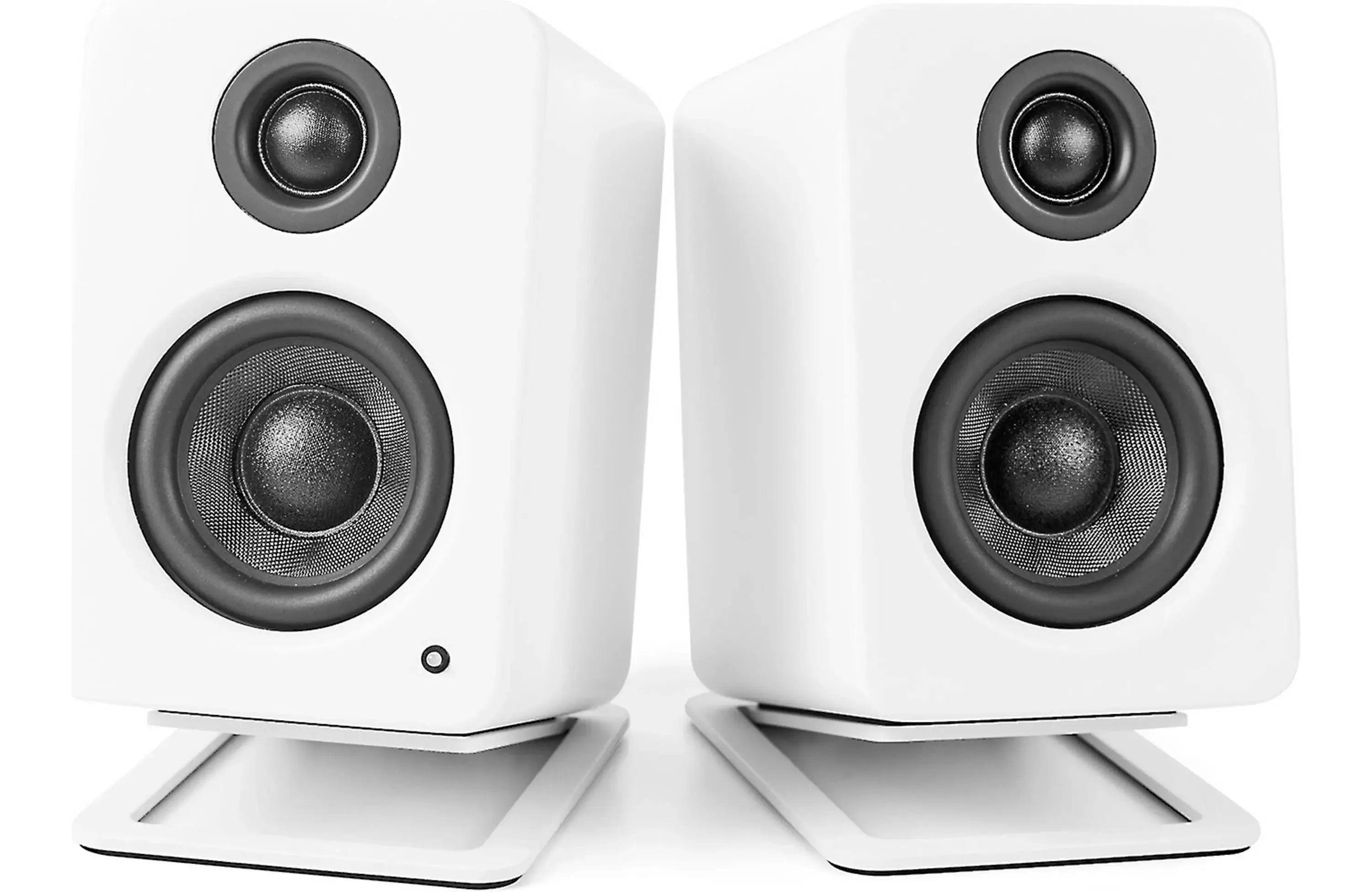 Kanto S2 Desktop Speaker Stands for Kanto YU2 Speaker (Pair) with speakers positioned on stands, angled for optimal sound.