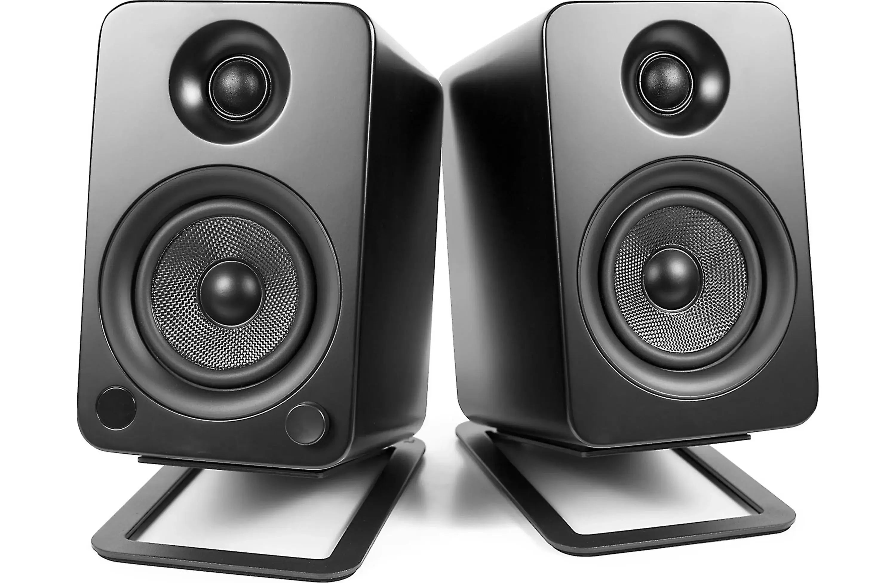 Kanto S4 Desktop Speaker Stands for Kanto YU4 Speaker (Pair) with black speakers on stands.