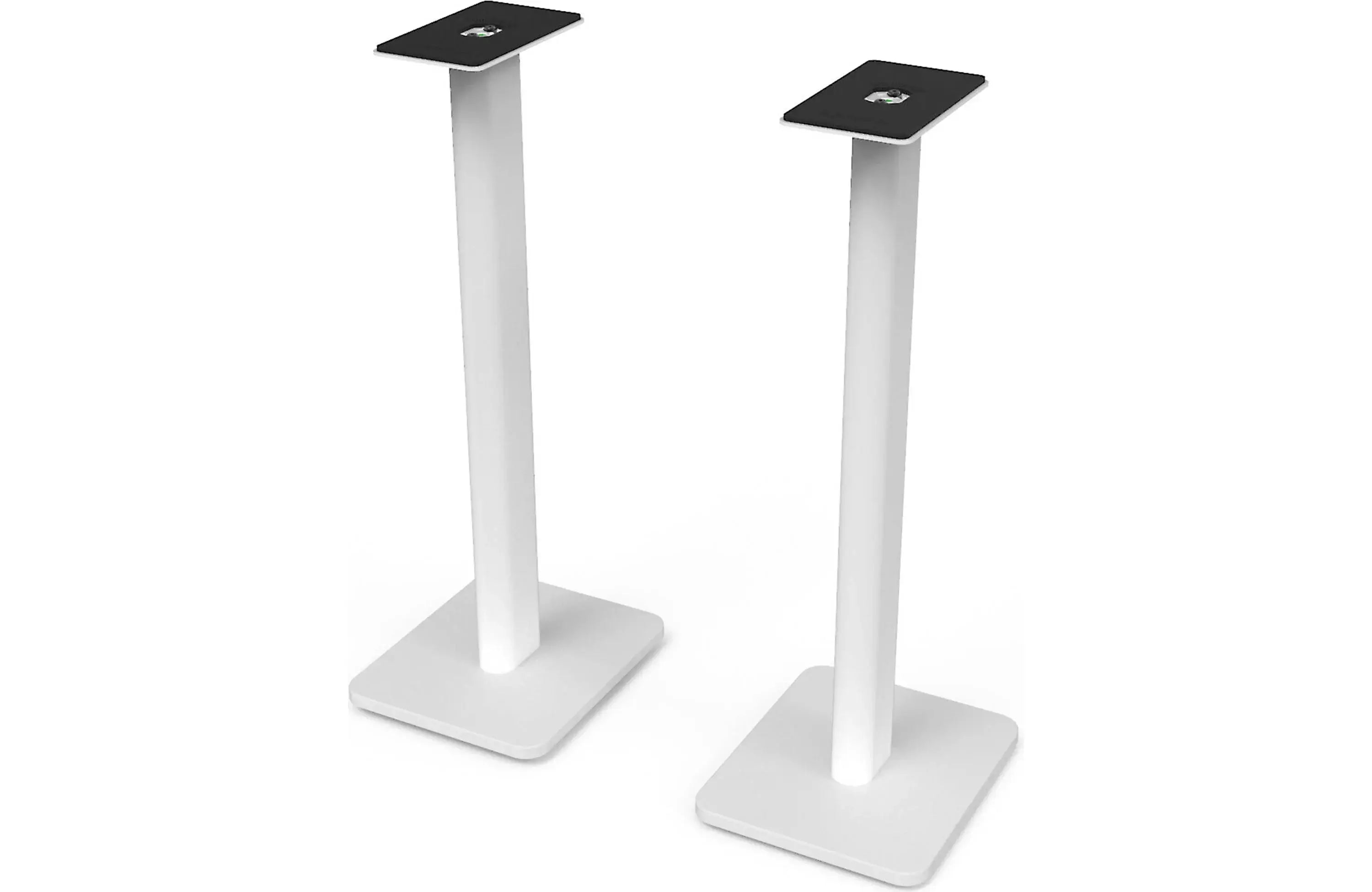 Kanto SP26 26" Bookshelf Speaker Swiveling Floor Stand (Pair) in white with black tops, designed for optimal sound positioning.