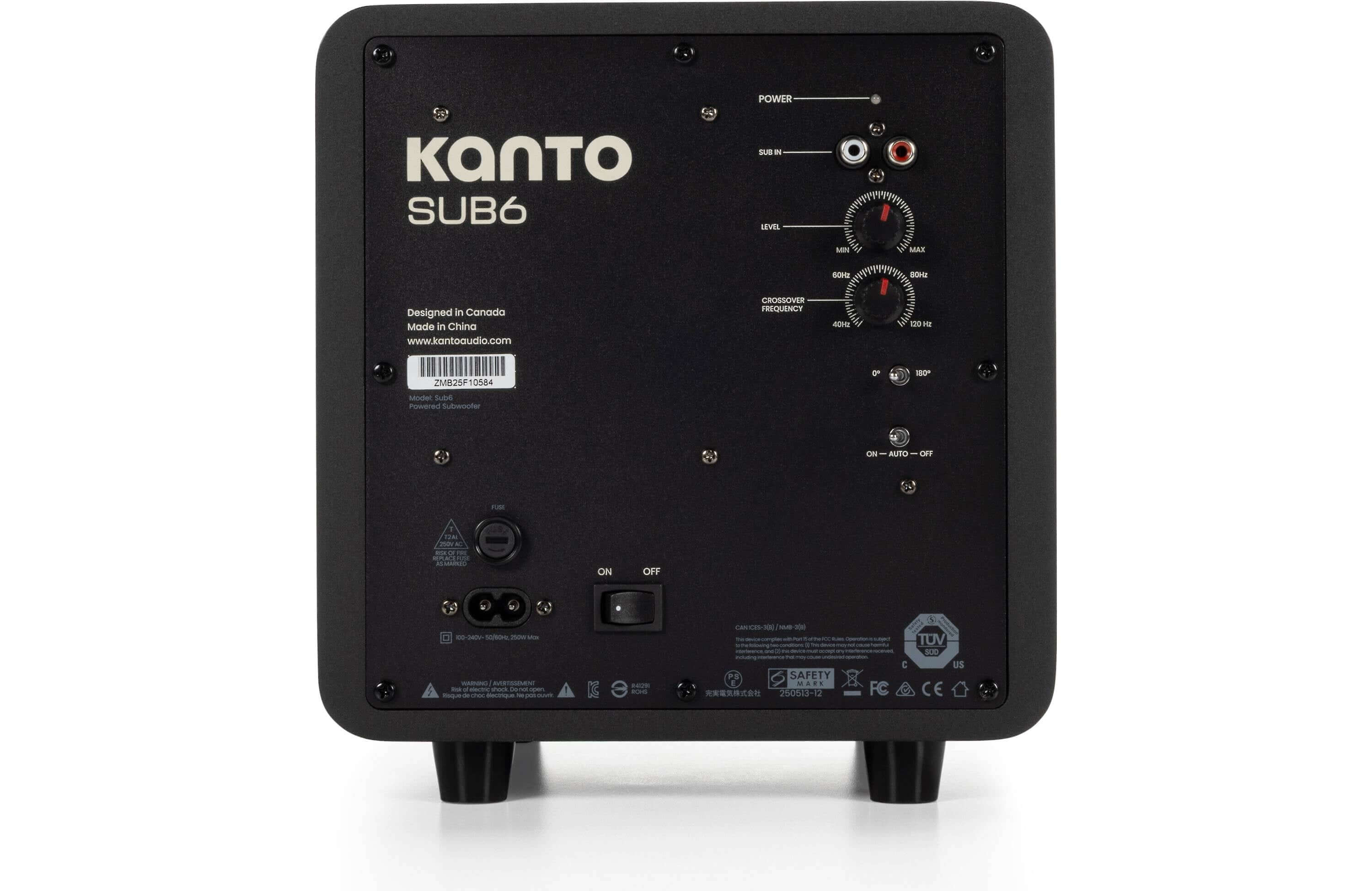 Kanto SUB6 Compact 6" Sealed Powered Subwoofer back view with controls and connections