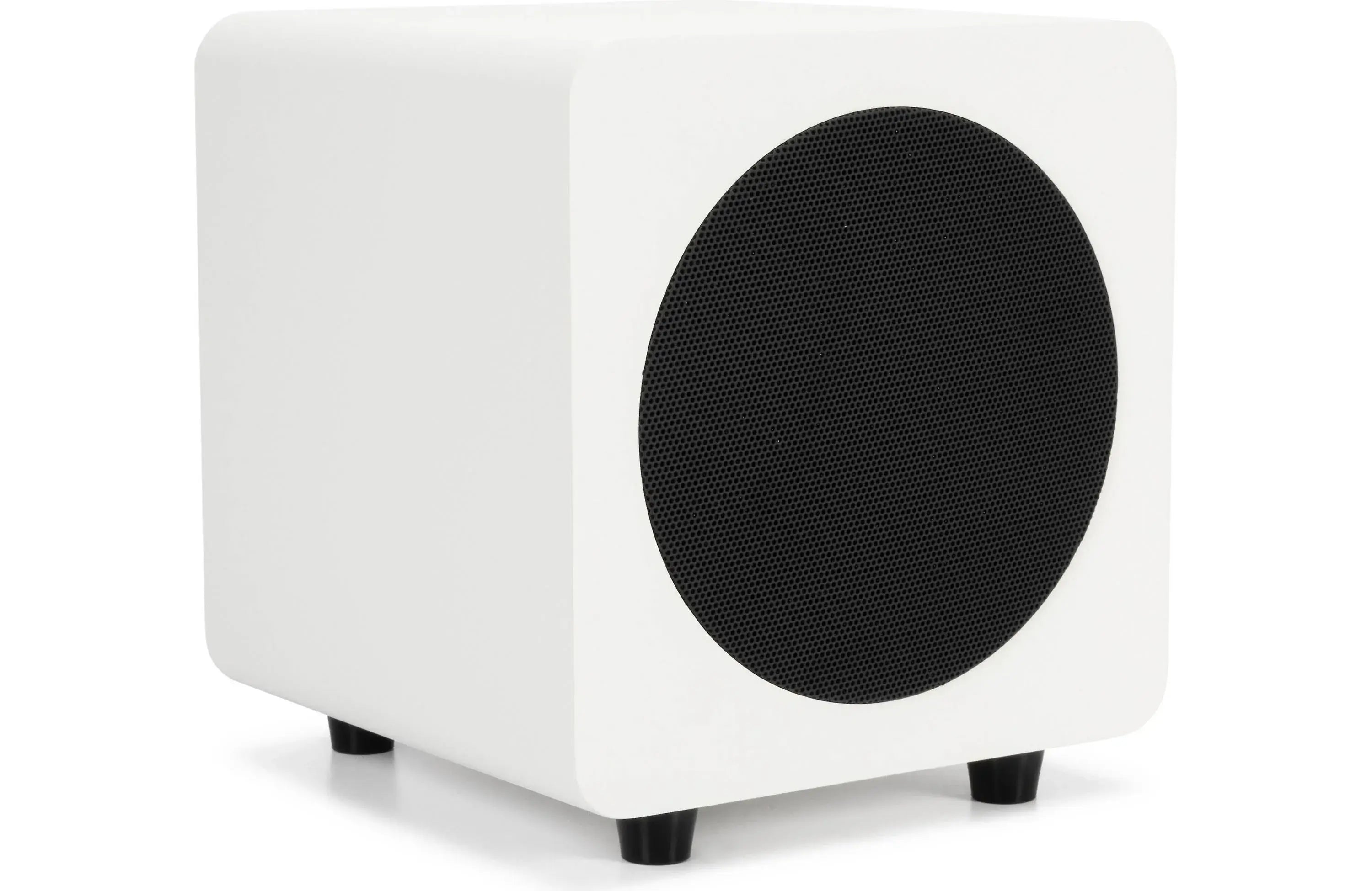 Kanto SUB6 Compact 6" Sealed Powered Subwoofer in white with black speaker grille, designed for precise bass and compact spaces.