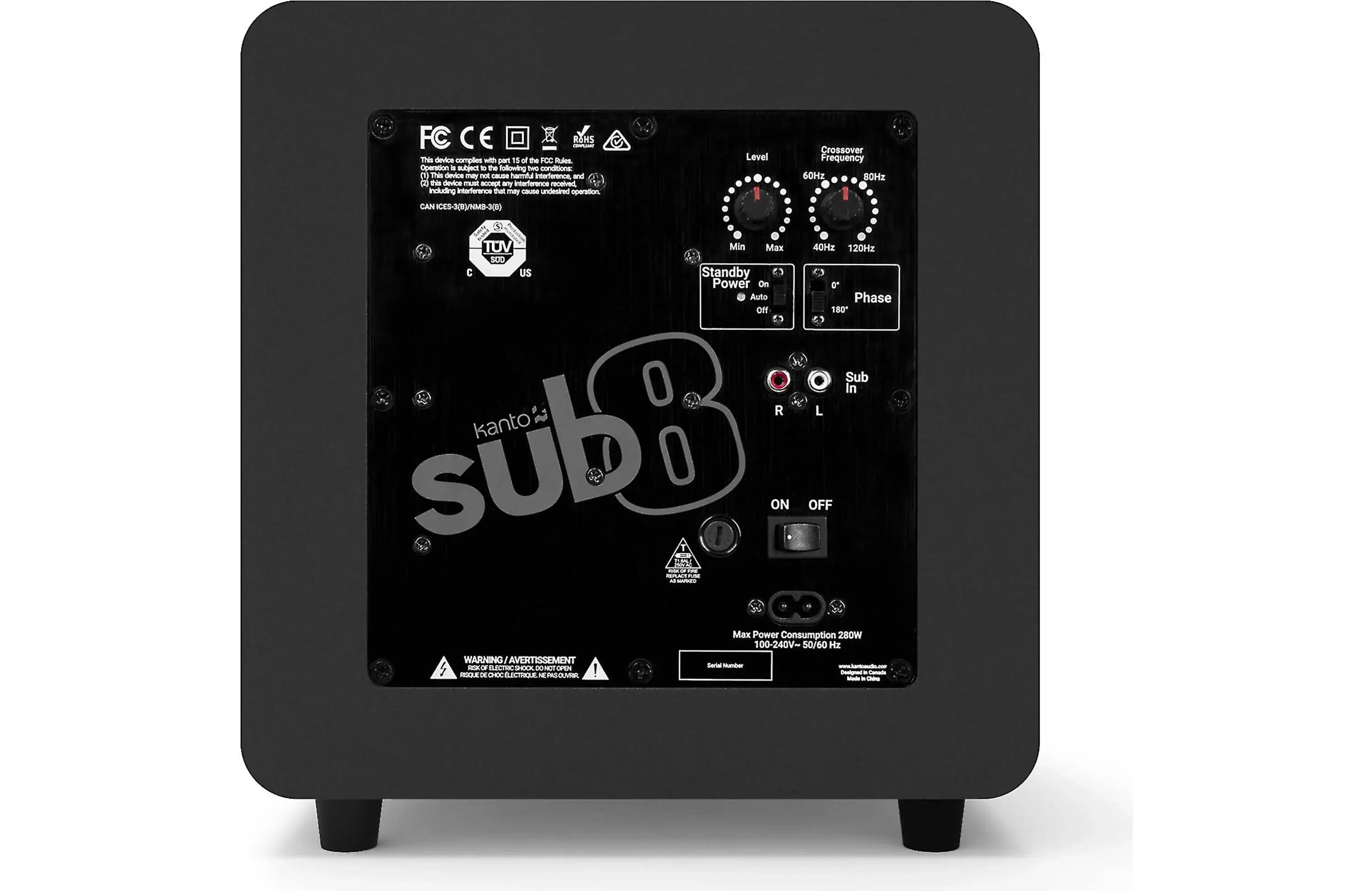 Back view of Kanto SUB8 Compact 8" Sealed Powered Subwoofer showing controls and connections.