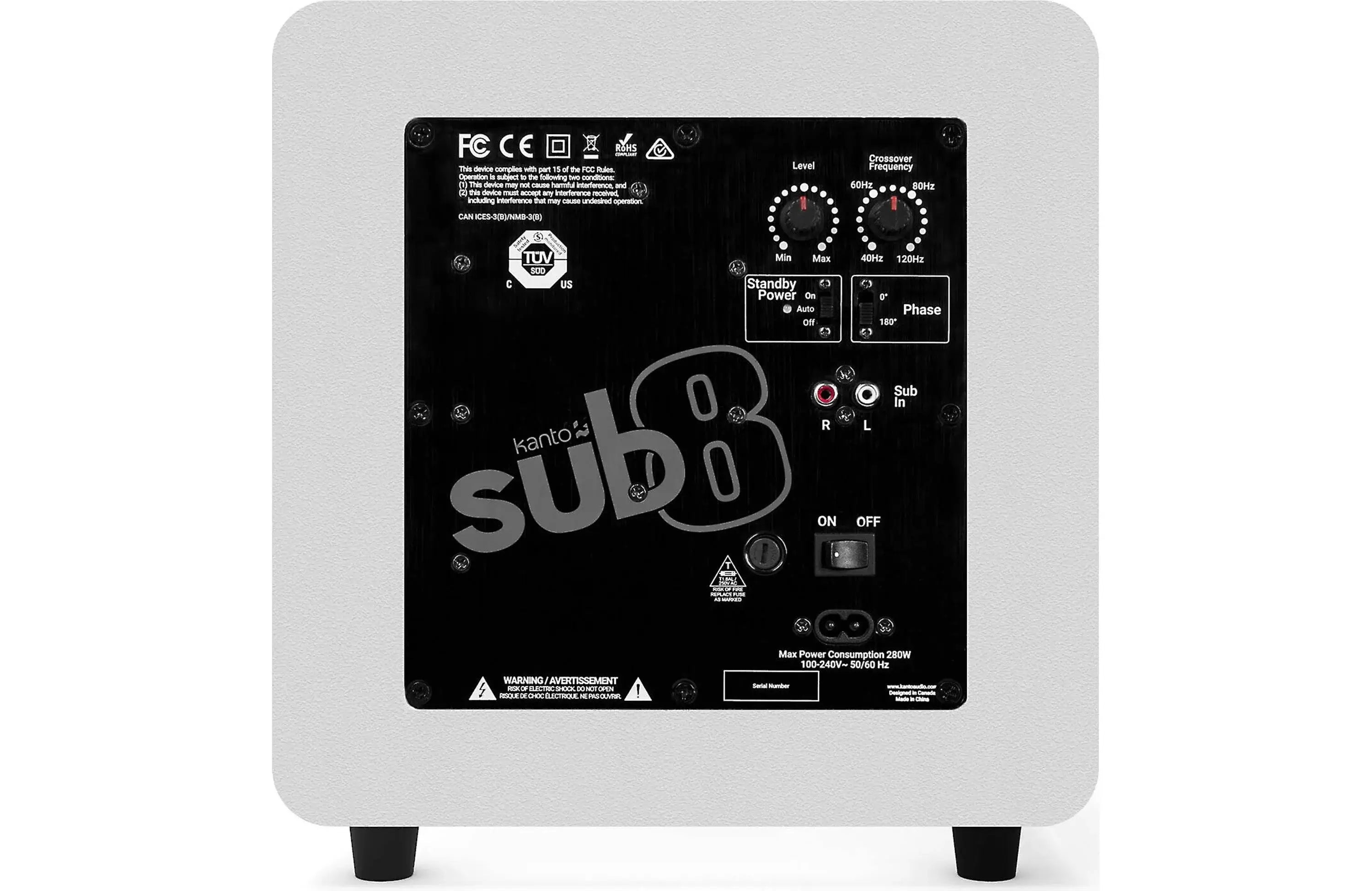 Kanto SUB8 Compact 8" Sealed Powered Subwoofer back view showing controls and connections.