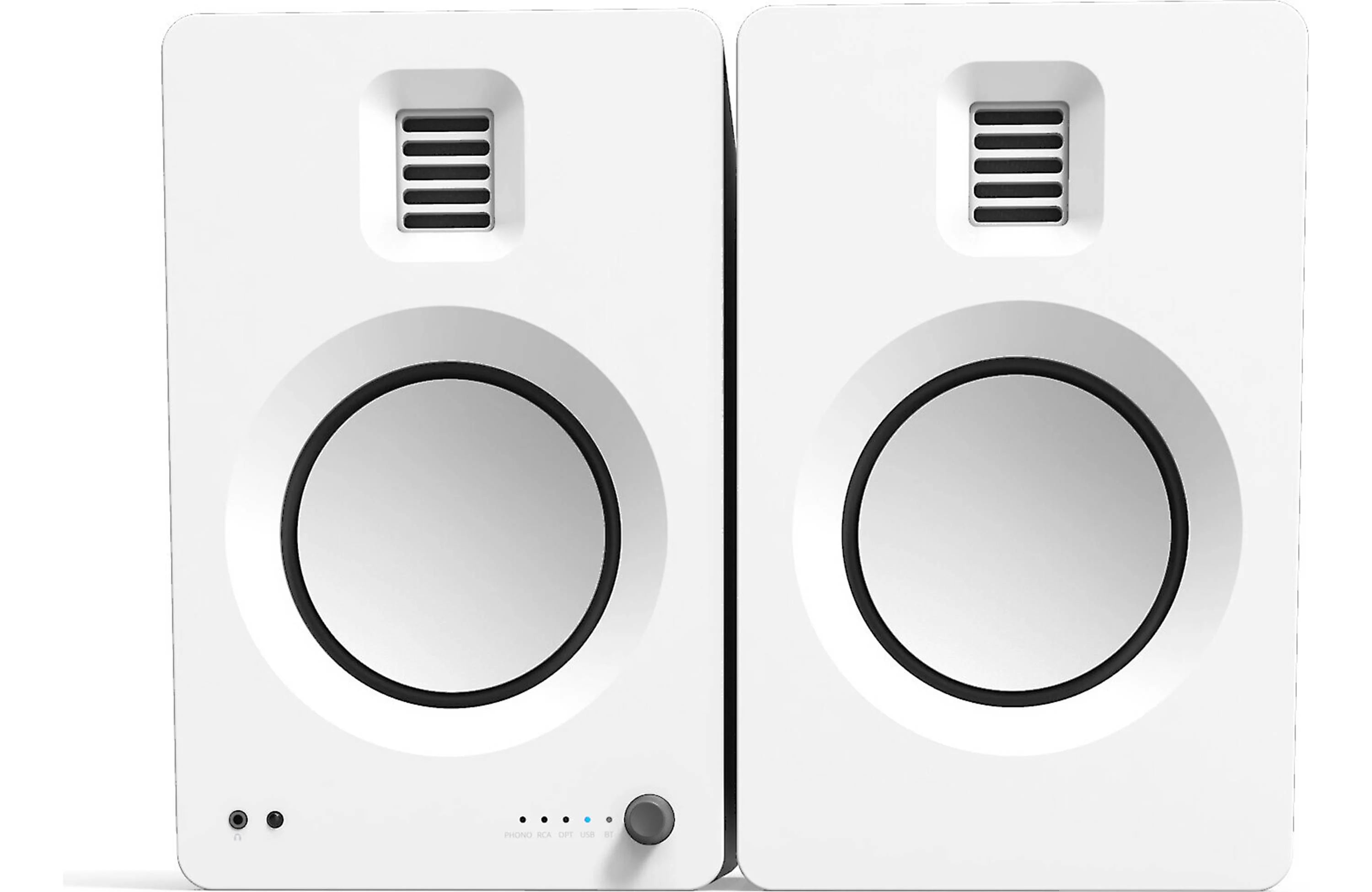 Kanto TUK Powered Bookshelf Speakers with Bluetooth, Headphone Output, USB- DAC, and Phono Preamp (Pair) in white.