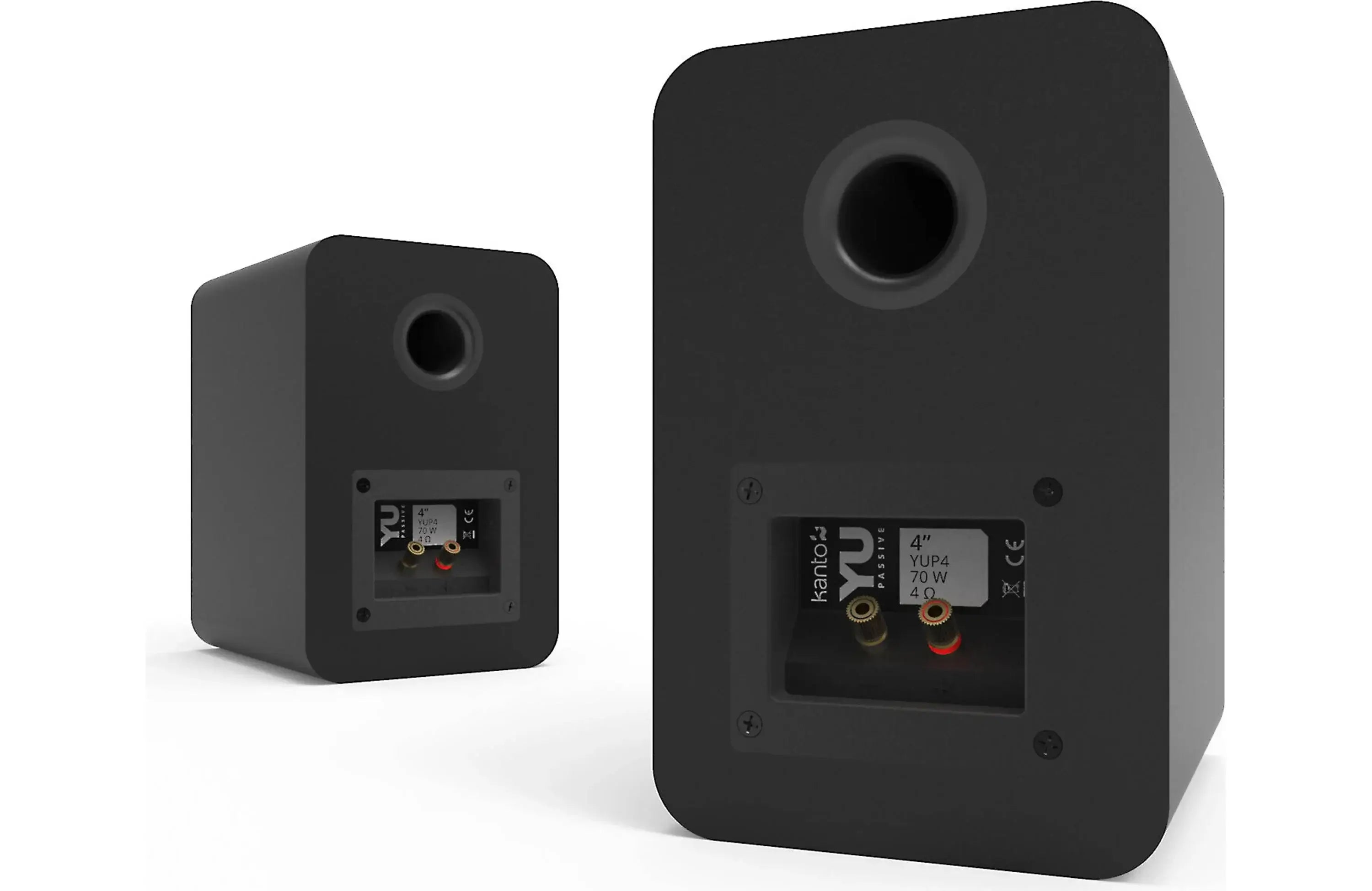 Kanto YUP4 Passive Bookshelf Speakers (Pair) showcasing rear connections and sleek design for balanced audio.