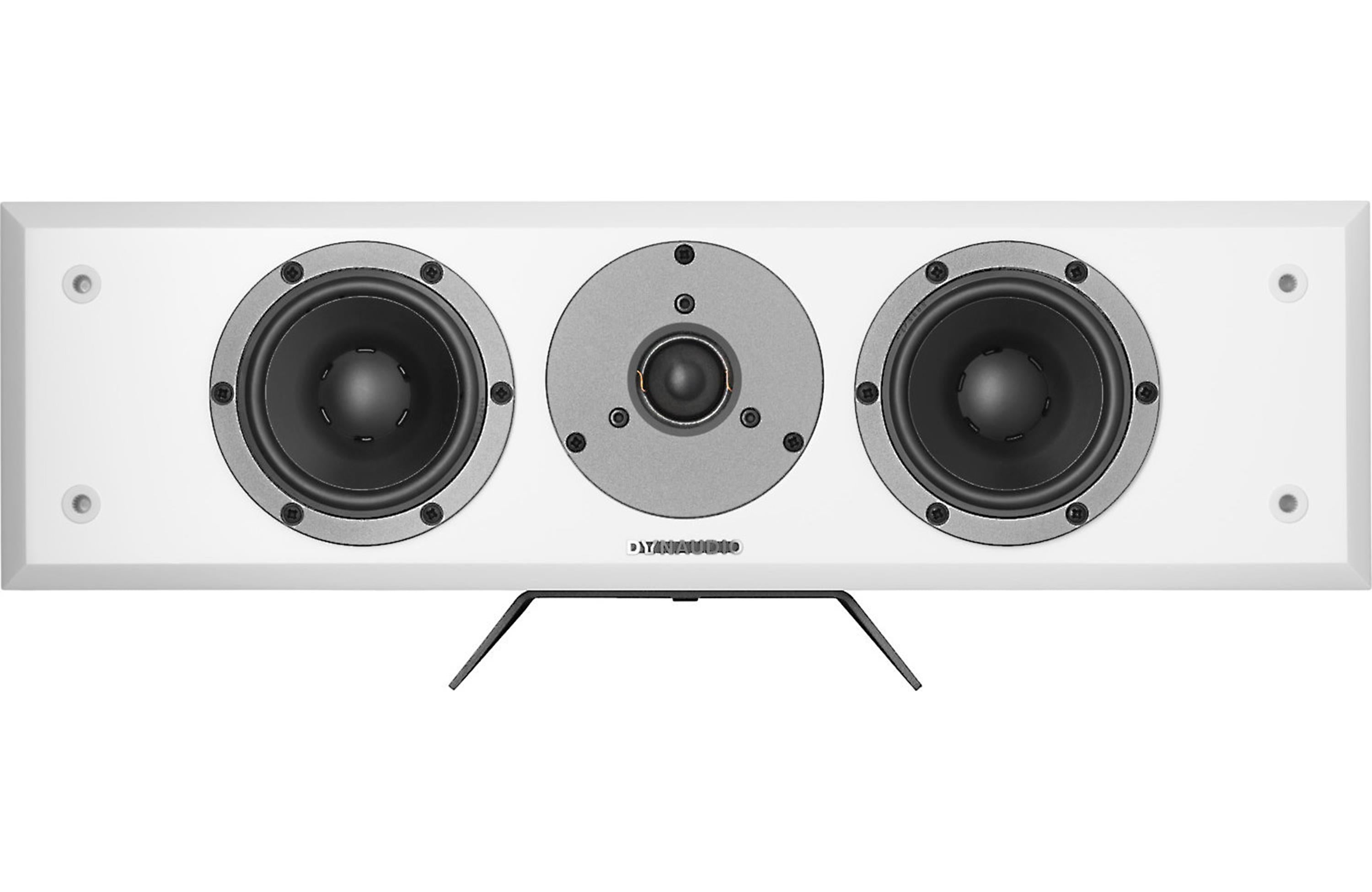 Dynaudio Emit M15C Ultra Compact Center Channel Speaker in white finish with dual woofers and central tweeter.
