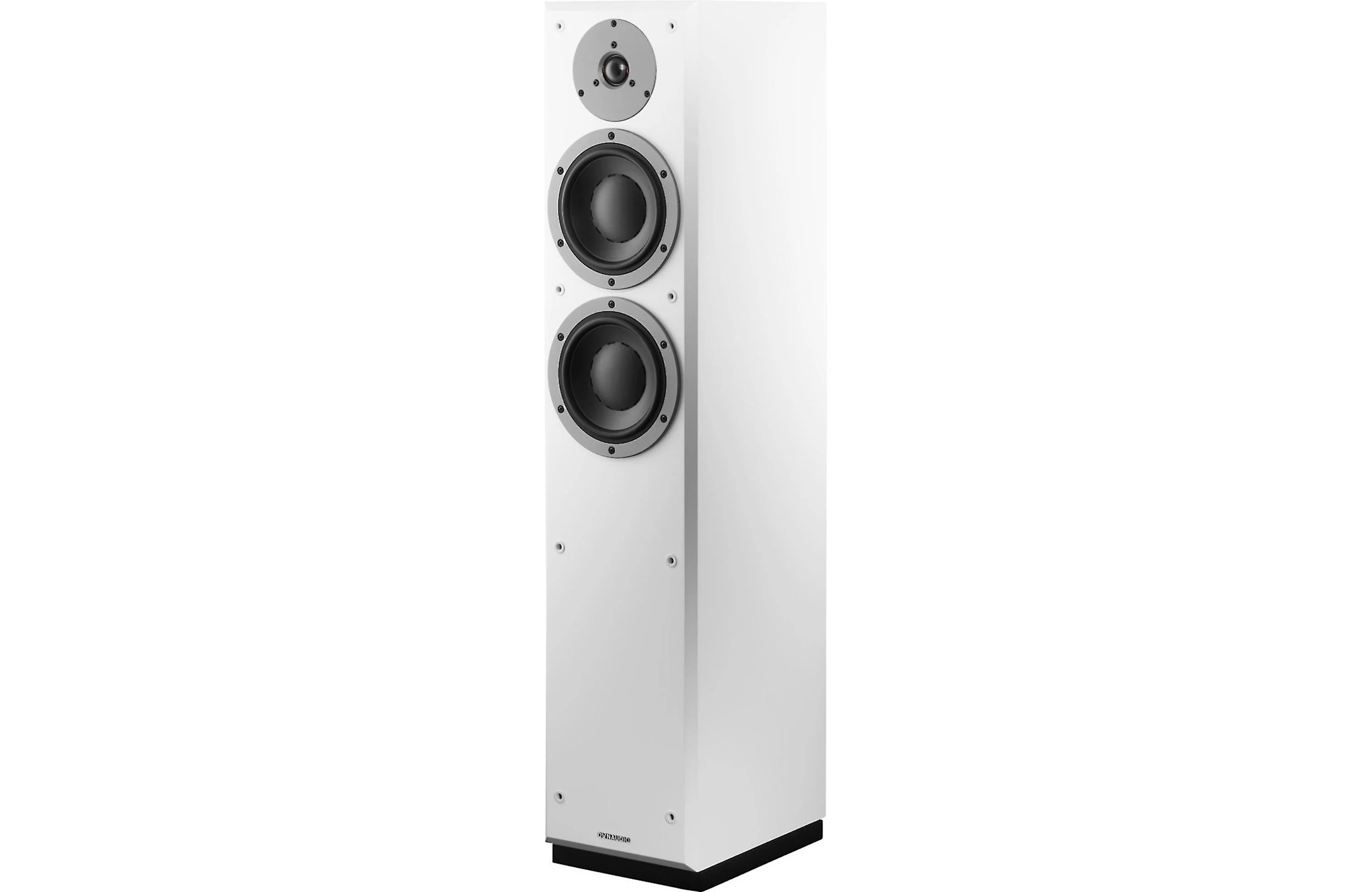 Dynaudio Emit M30 Floorstanding Loudspeakers Pair in sleek white design showcasing dual 17cm bass drivers.