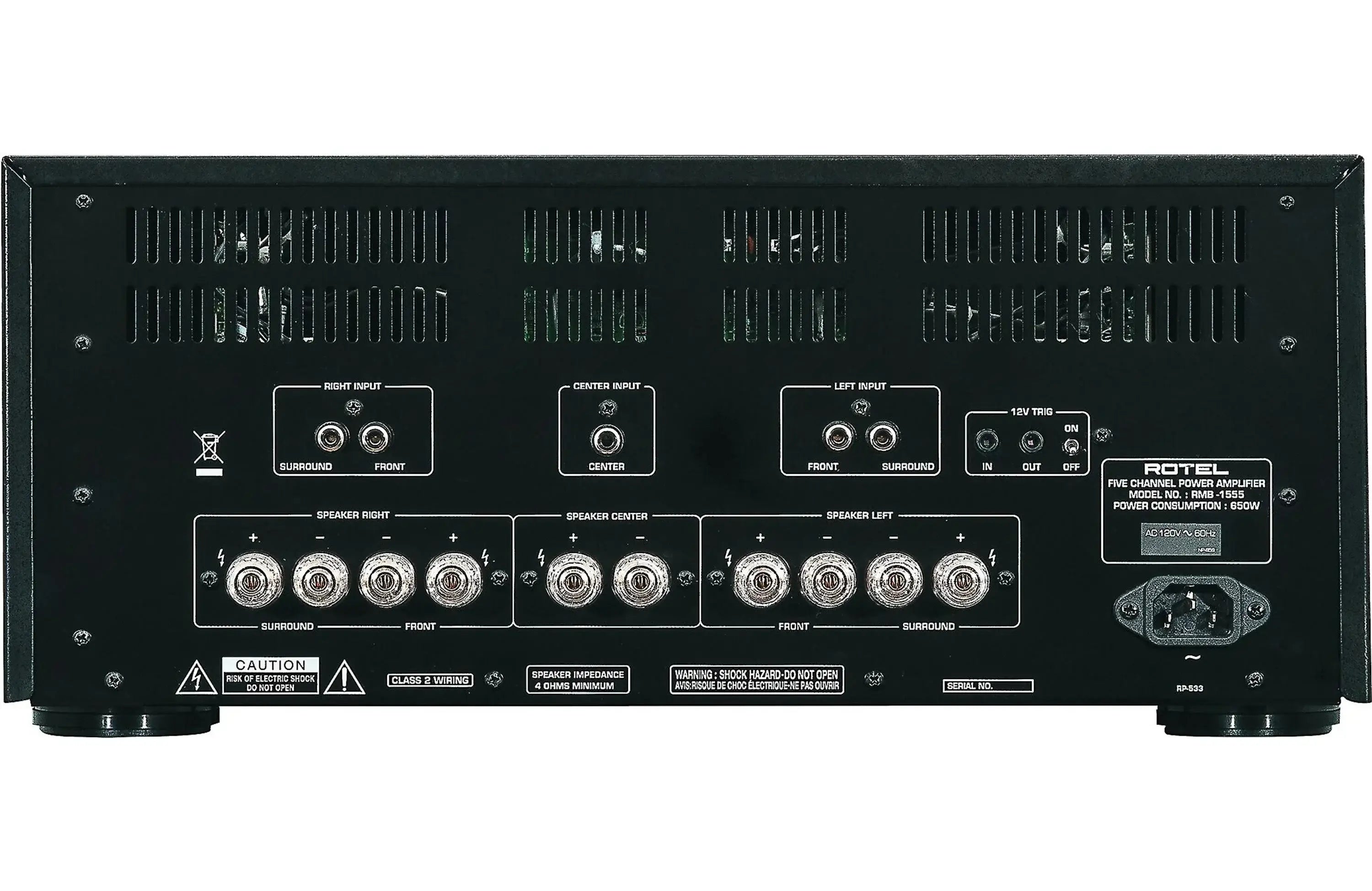 Back view of the Rotel RMB-1555 5 Channel Power Amplifier showing connections and ports.