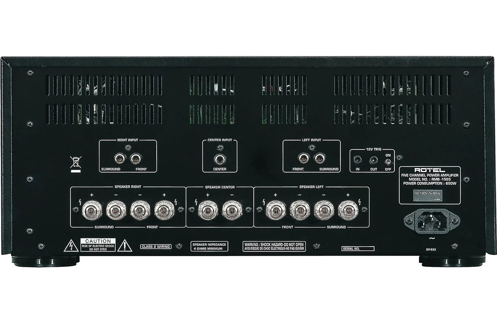 Back view of the Rotel RMB-1555 5 Channel Power Amplifier showing connections and ports.