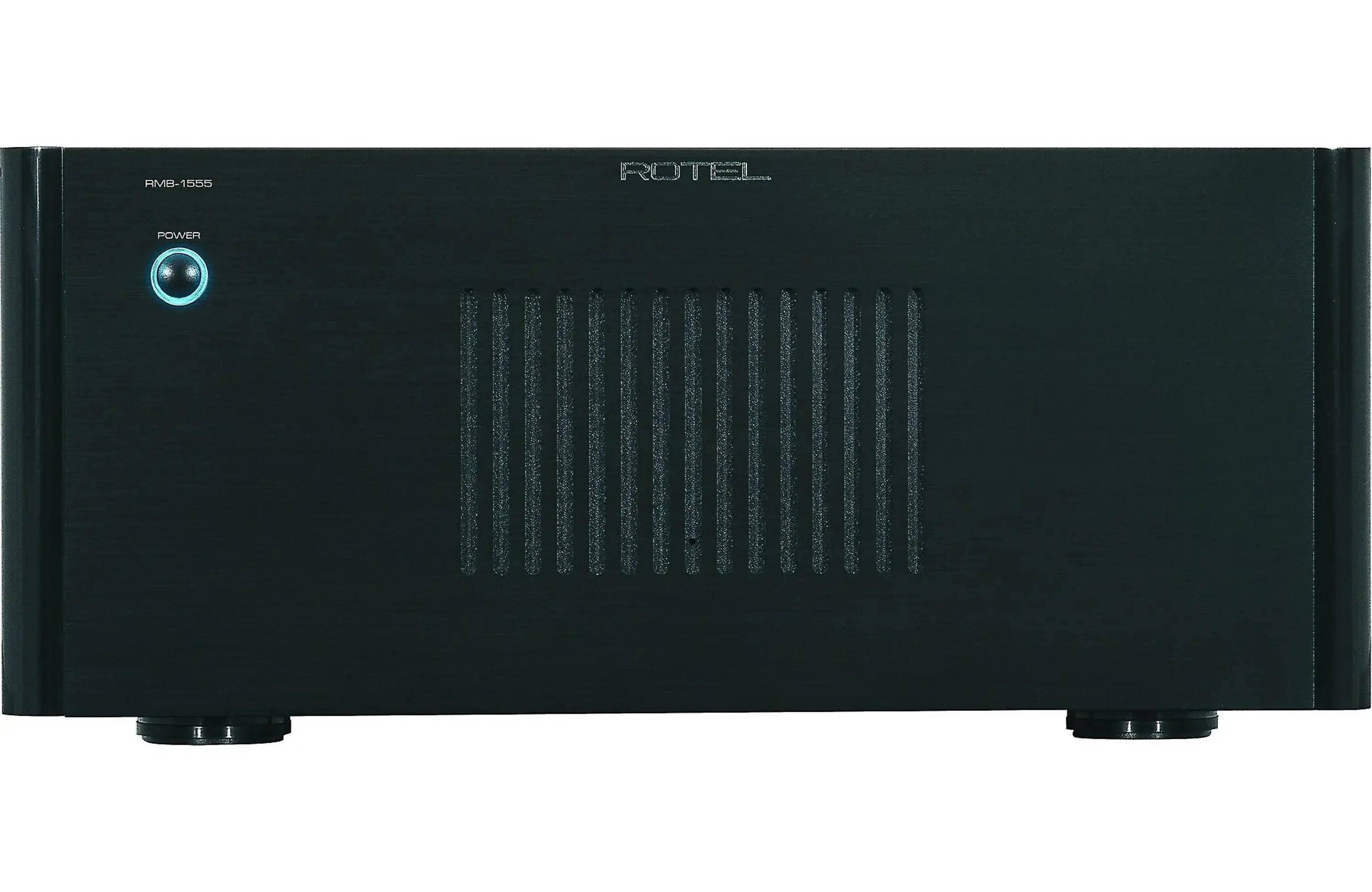 Rotel RMB-1555 5 Channel Power Amplifier front view with power indicator and sleek black finish.