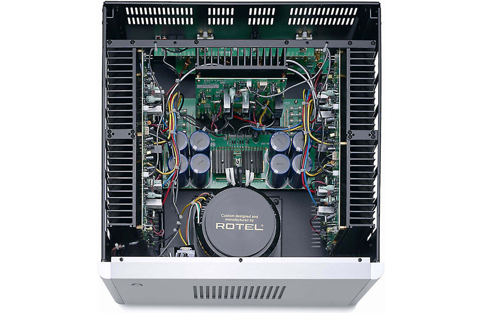 Rotel RMB-1555 5 Channel Power Amplifier internal components showcasing robust circuitry and power supply