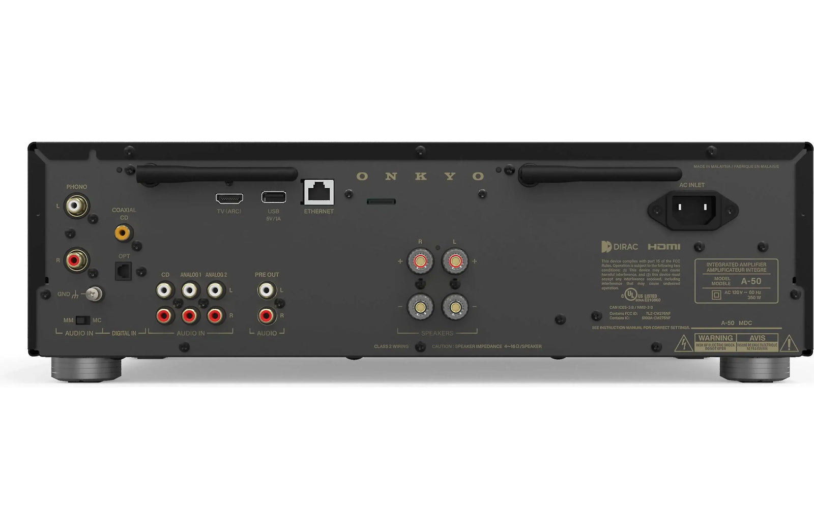 Onkyo A-50 Icon Series Integrated Amplifier with Wi-Fi, Bluetooth, Google Cast, and Apply Airplay 2 back panel connections