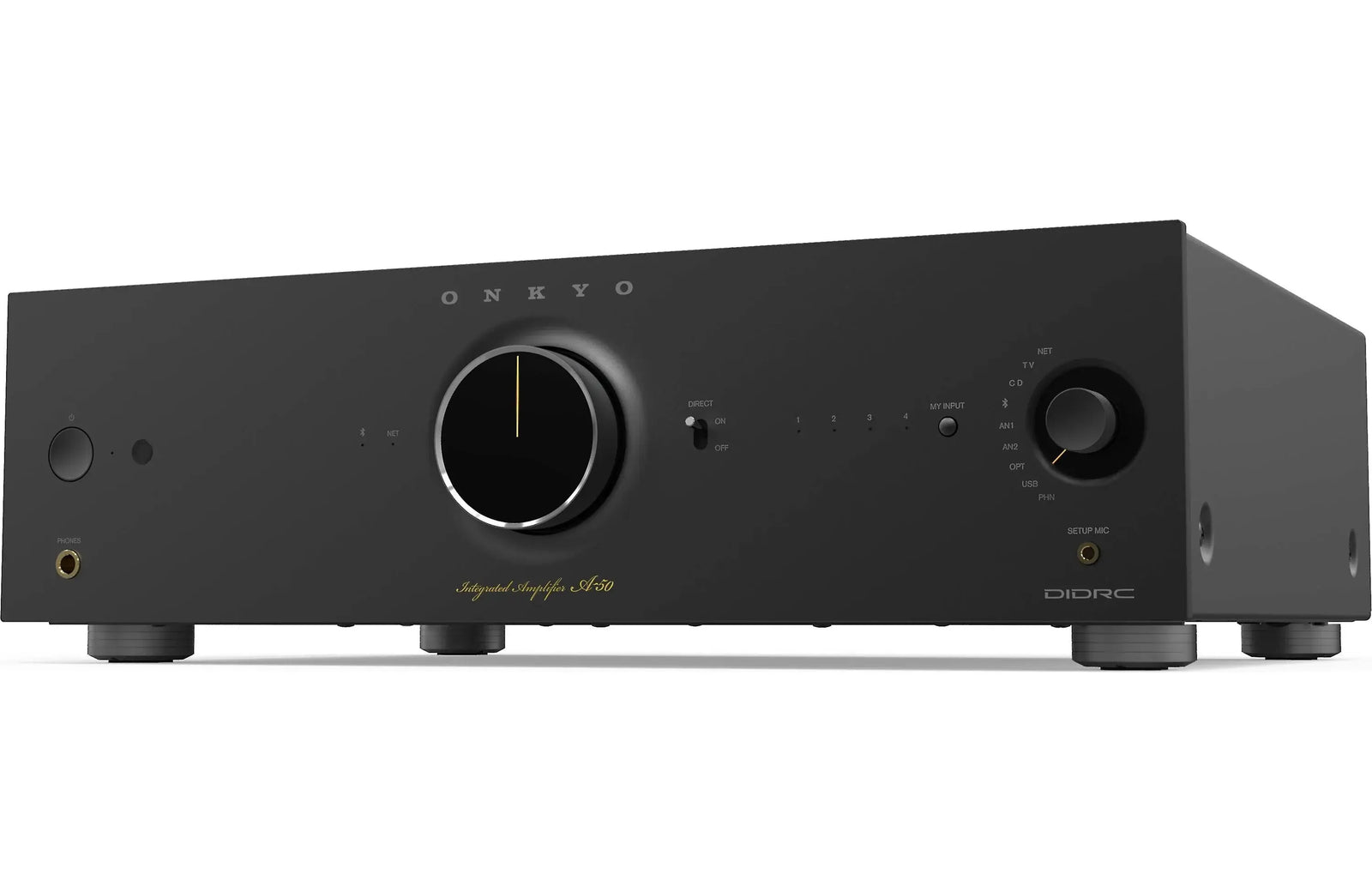 Onkyo A-50 Icon Series Integrated Amplifier with Wi-Fi, Bluetooth, Google Cast, and Apply Airplay 2 front view.