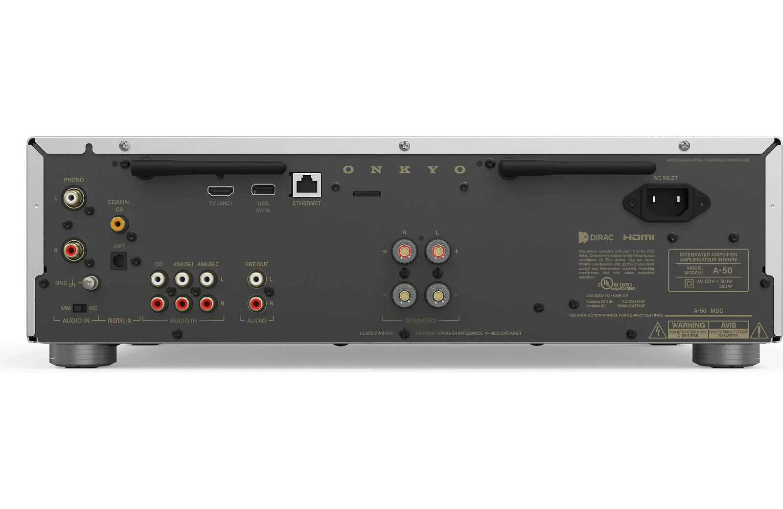 Onkyo A-50 Icon Series Integrated Amplifier with Wi-Fi, Bluetooth, Google Cast, and Apply Airplay 2 back view showing connections.