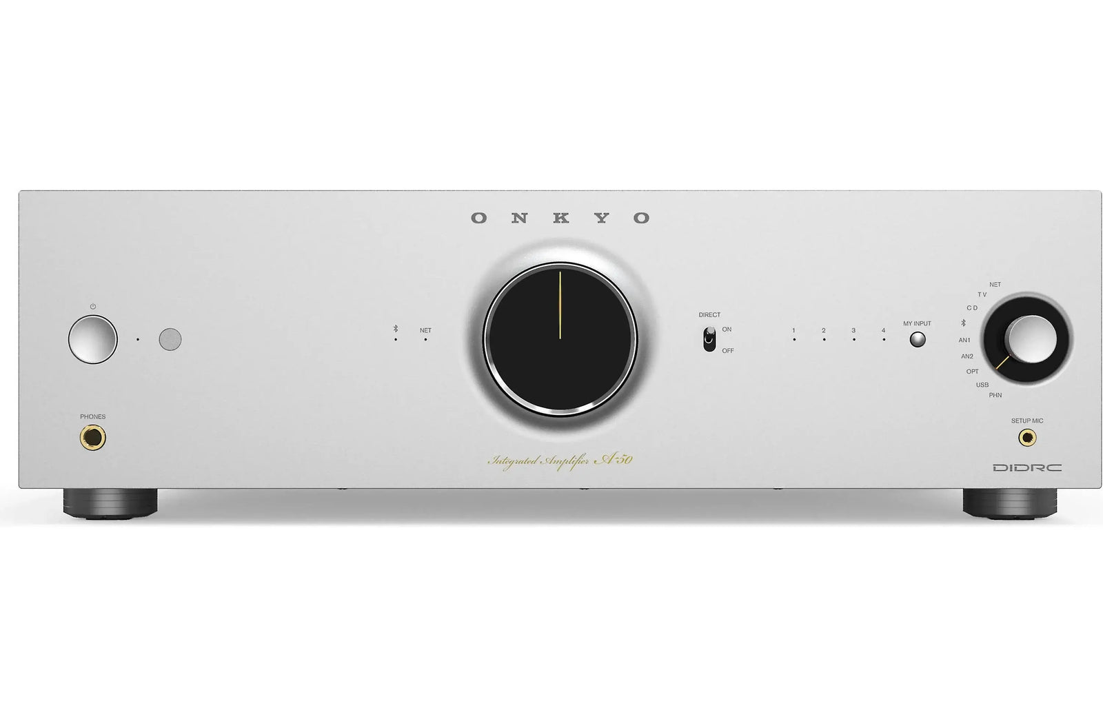 Onkyo A-50 Icon Series Integrated Amplifier with Wi-Fi, Bluetooth, Google Cast, and Apply Airplay 2 front view