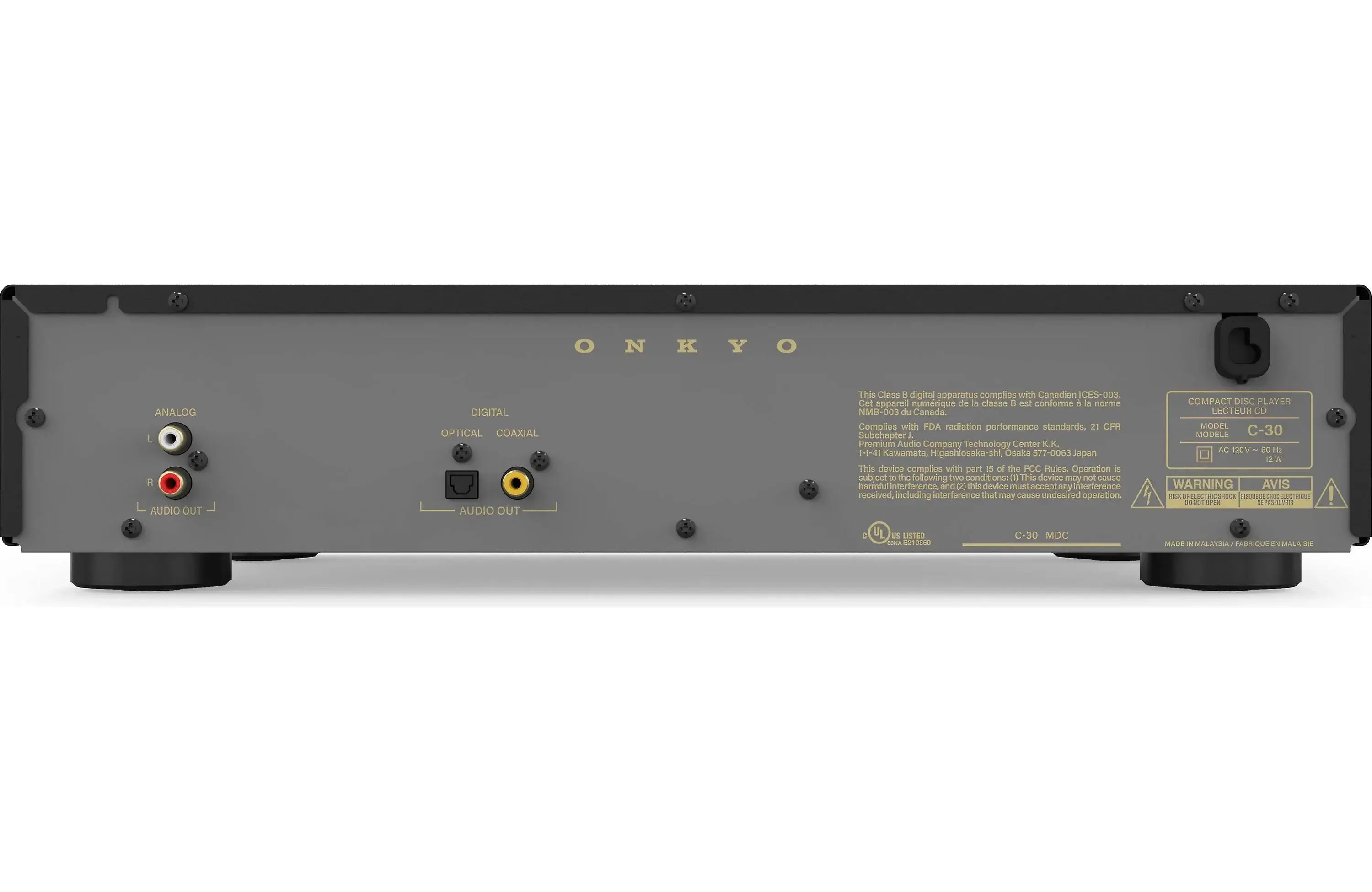 Onkyo C-30 Icon Series Single-disc CD Player with Headphone Output back panel view showing inputs and outputs.