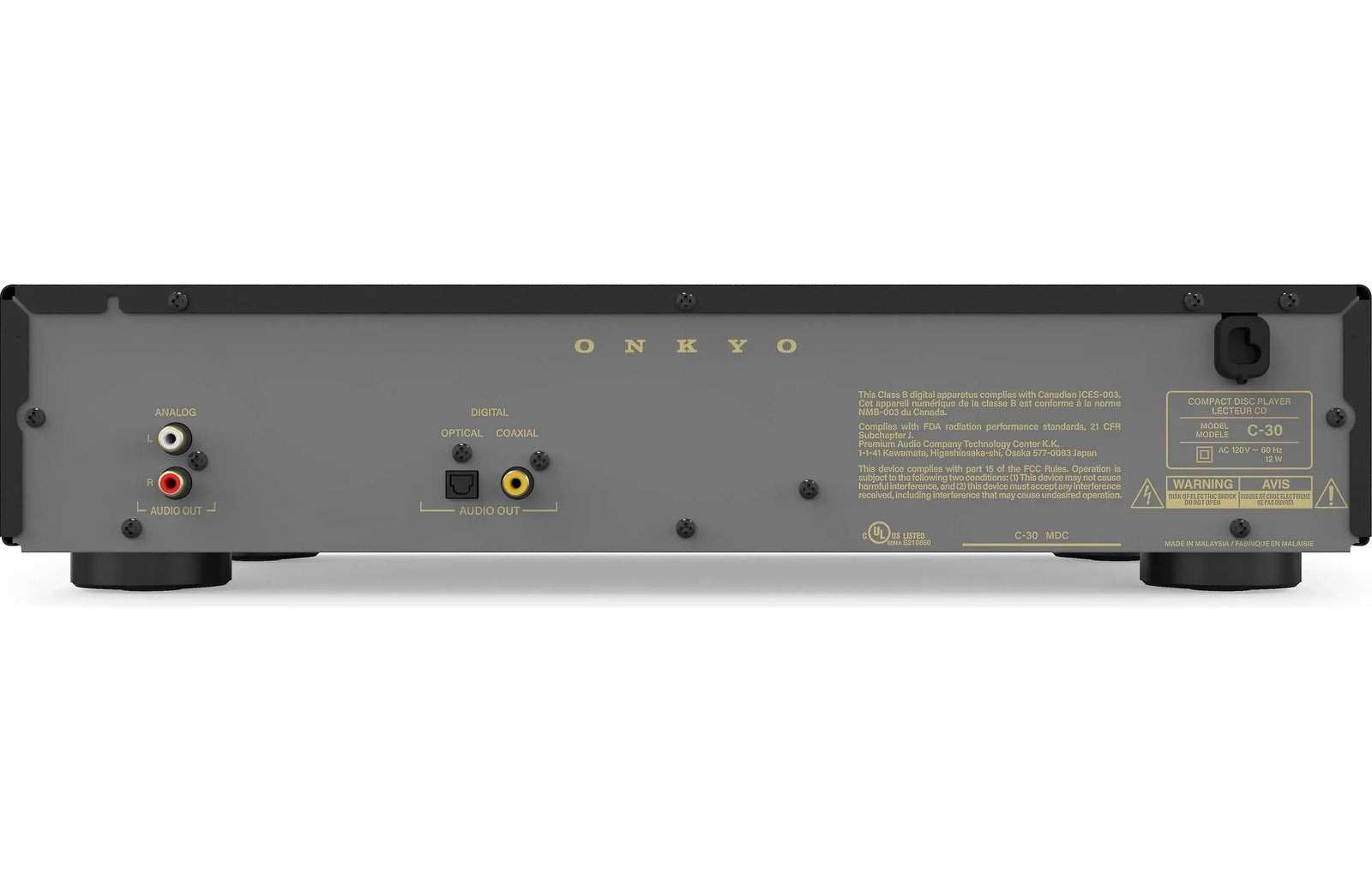 Onkyo C-30 Icon Series Single-disc CD Player with Headphone Output back panel view showing inputs and outputs.
