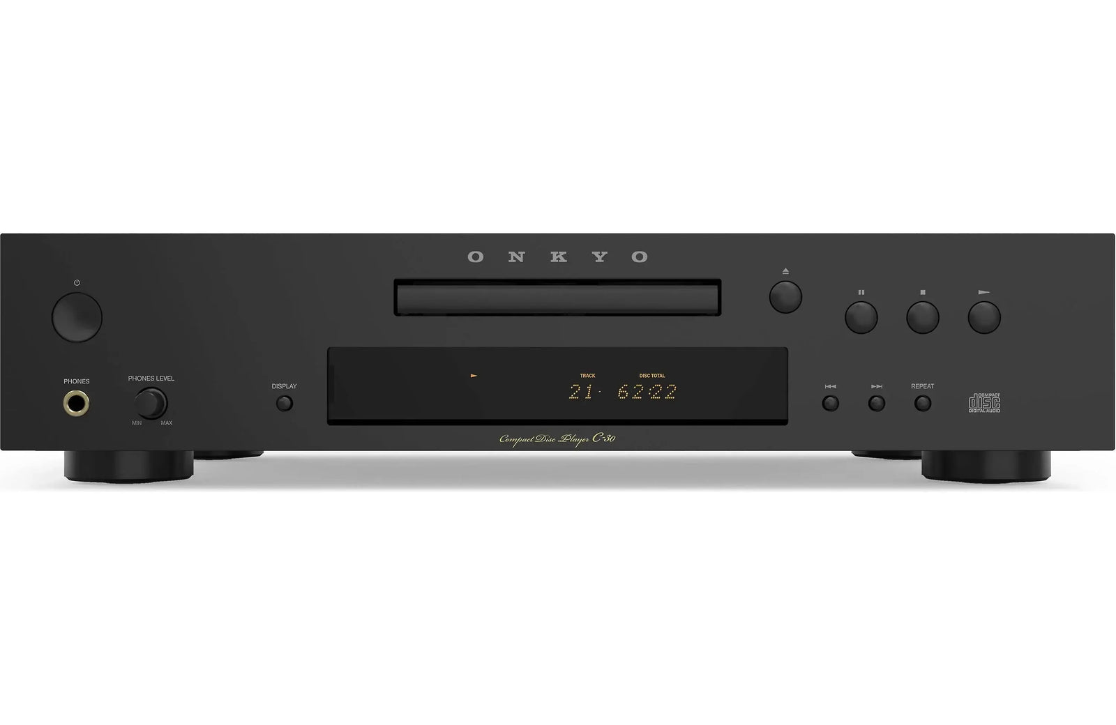 Onkyo C-30 Icon Series Single-disc CD Player with Headphone Output front view showcasing sleek design and controls.
