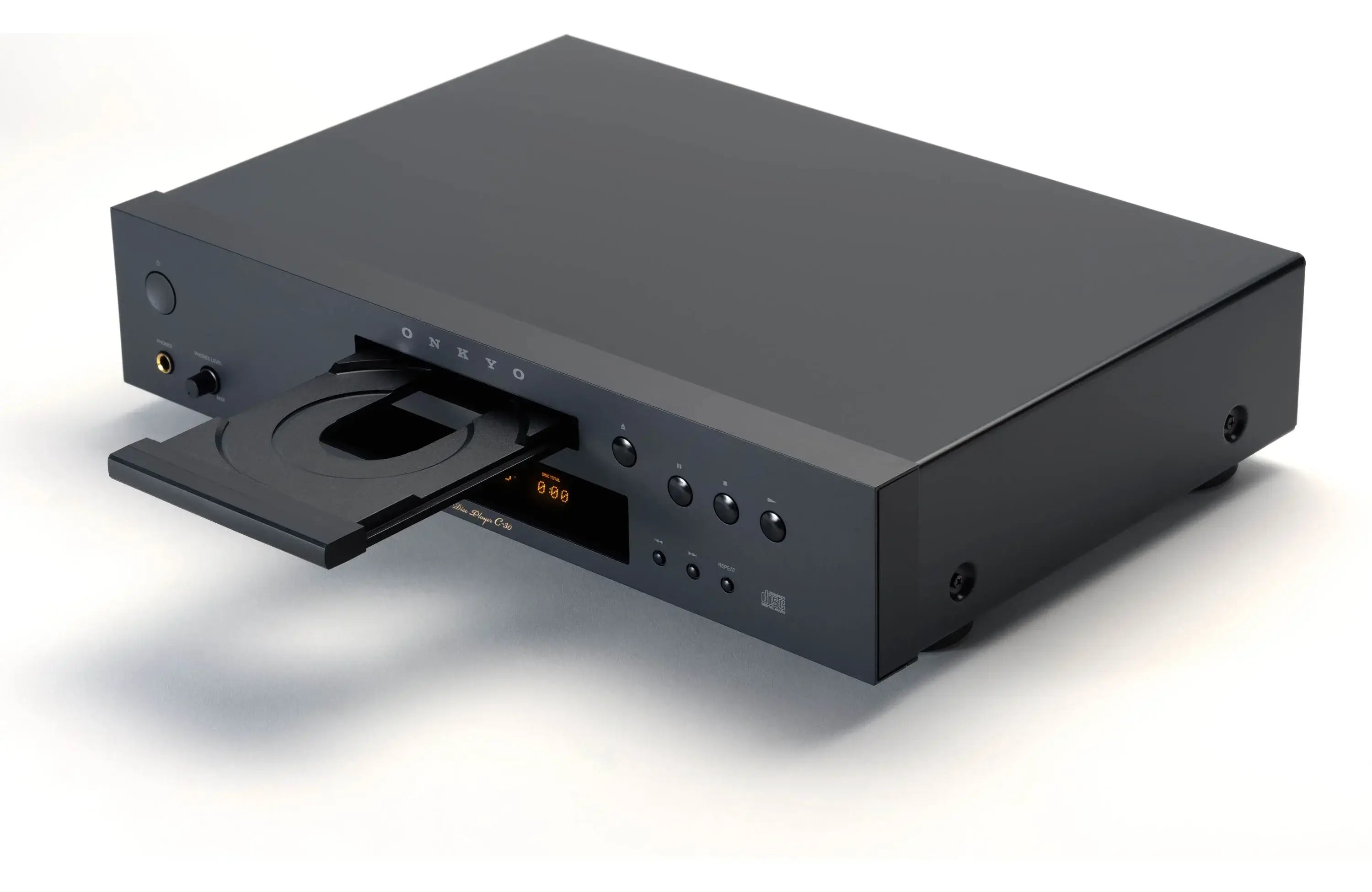 Onkyo C-30 Icon Series Single-disc CD Player with Headphone Output showcasing sleek design and disc loading tray.