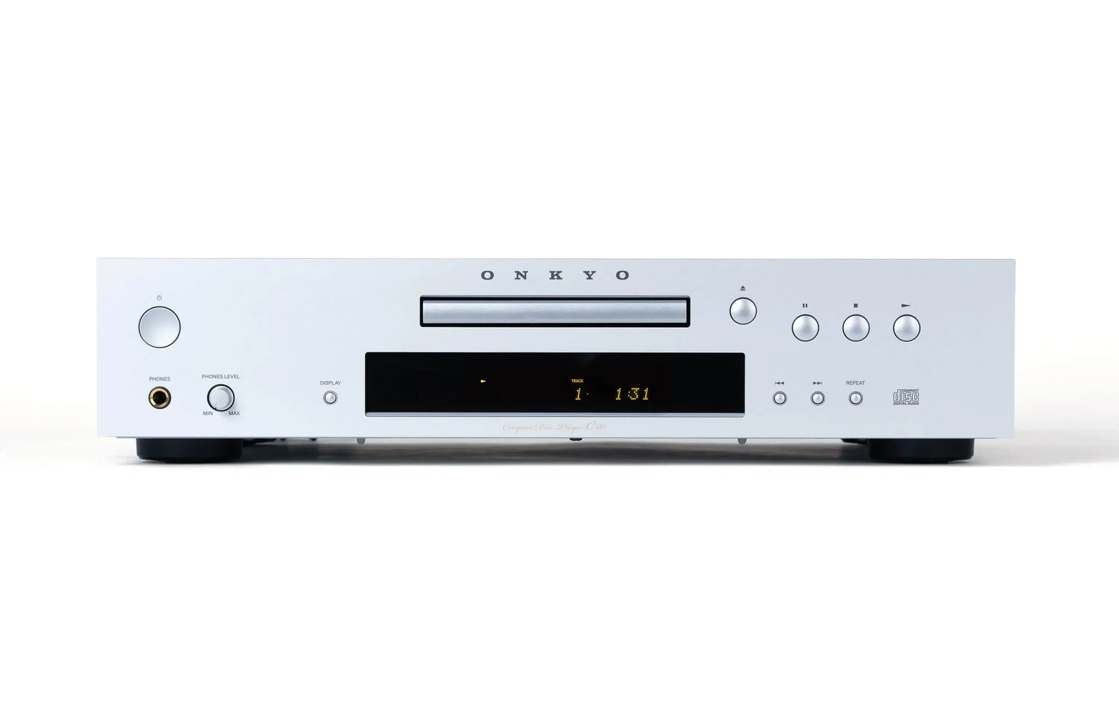 Onkyo C-30 Icon Series Single-disc CD Player with Headphone Output, front view showcasing buttons and display.