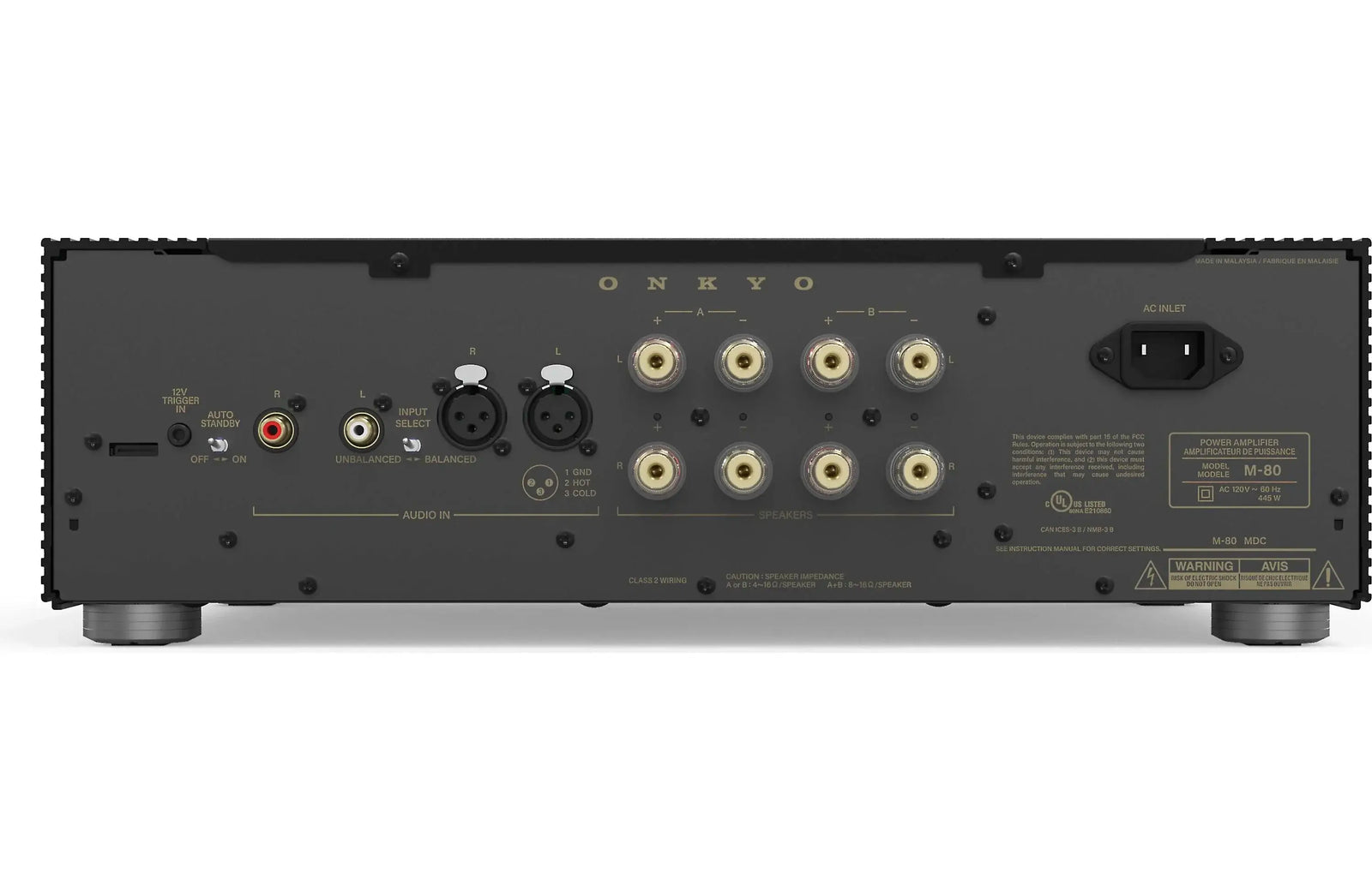 Back view of Onkyo M-80 Icon Series Stereo Power Amplifier showcasing input and output connections.