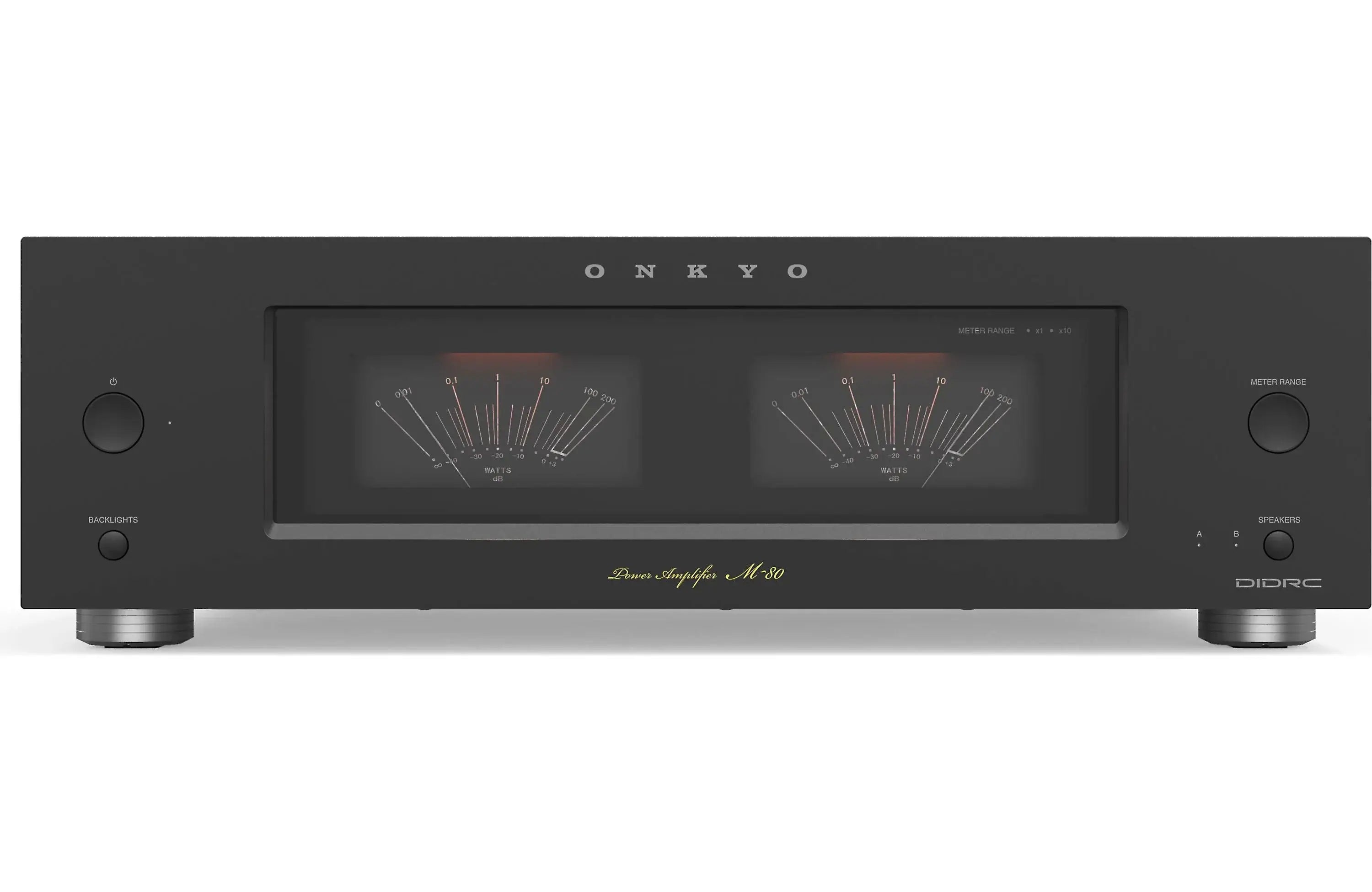 Onkyo M-80 Icon Series Stereo Power Amplifier front view showcasing elegant design and dual VU meters.