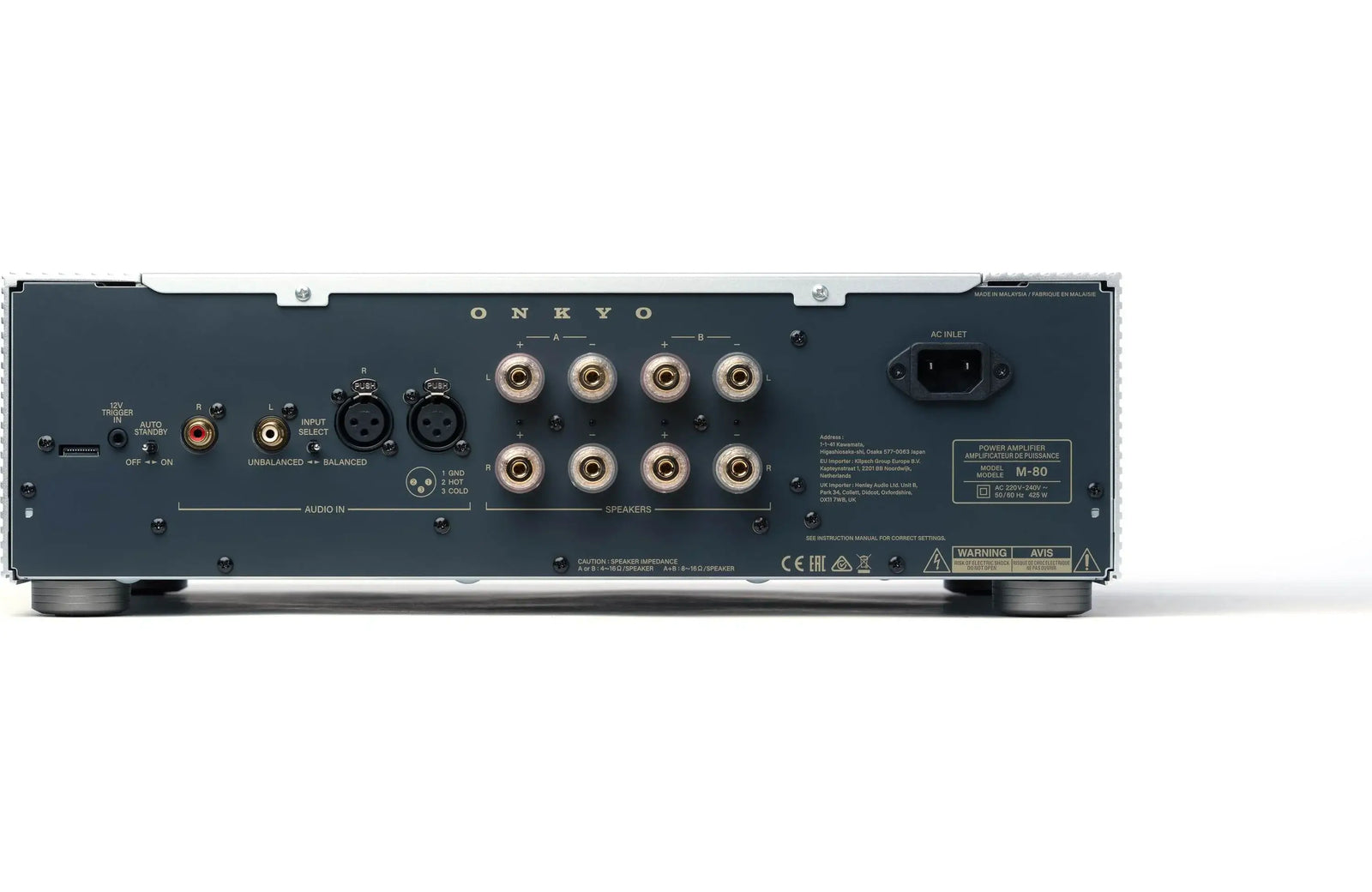 Back view of the Onkyo M-80 Icon Series Stereo Power Amplifier showcasing input and output connections.