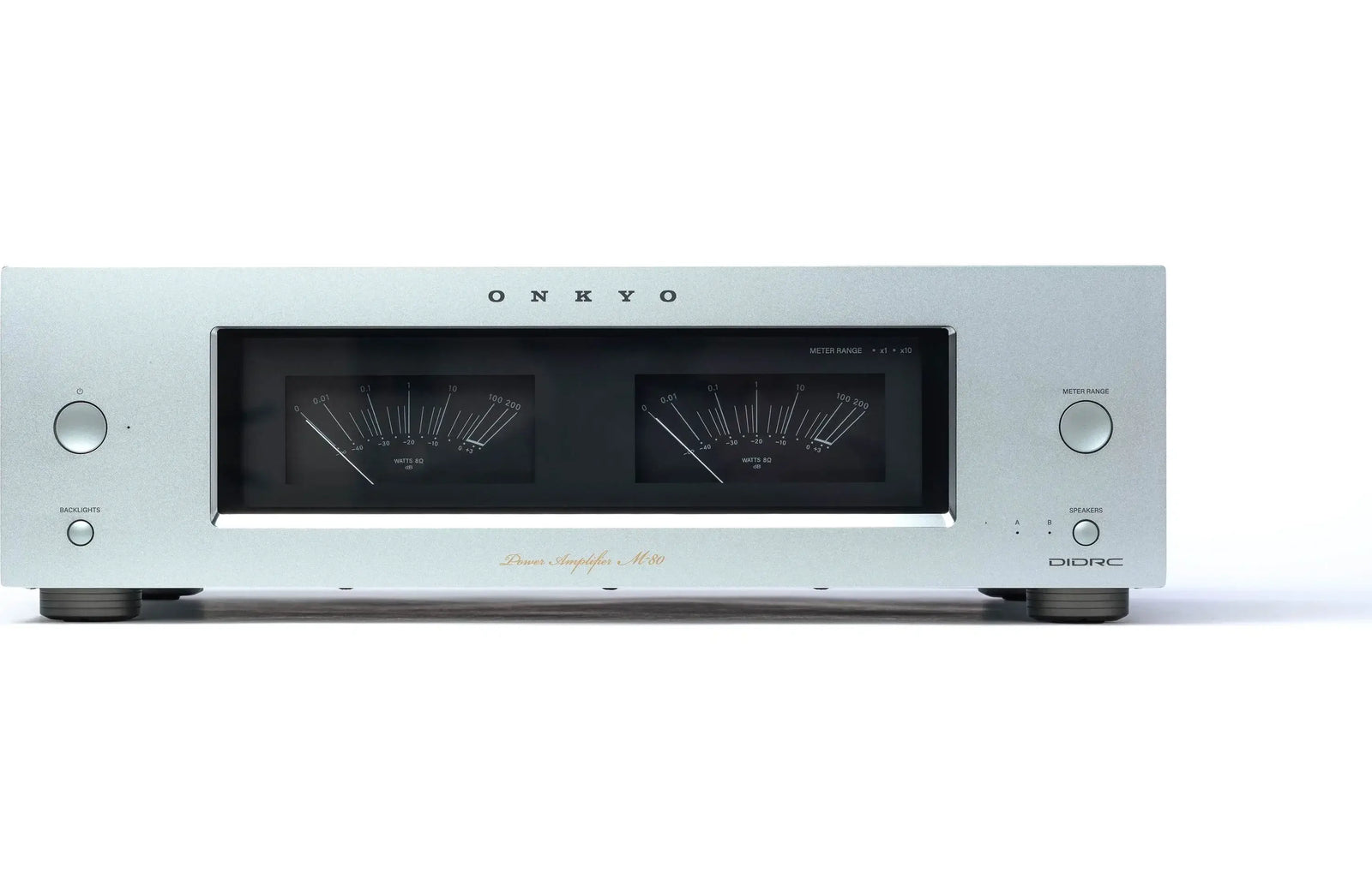 Onkyo M-80 Icon Series Stereo Power Amplifier front view showcasing its elegant design and dual meters.