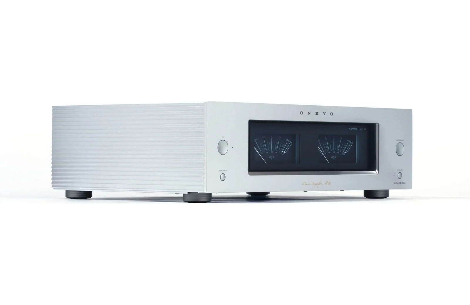 Onkyo M-80 Icon Series Stereo Power Amplifier in sleek silver design, showcasing dual meters and quality build.