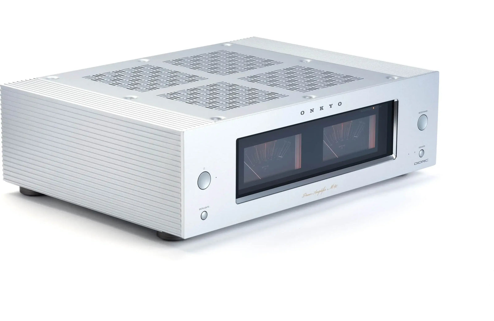 Onkyo M-80 Icon Series Stereo Power Amplifier showcasing its sleek silver design and powerful audio driving capability.